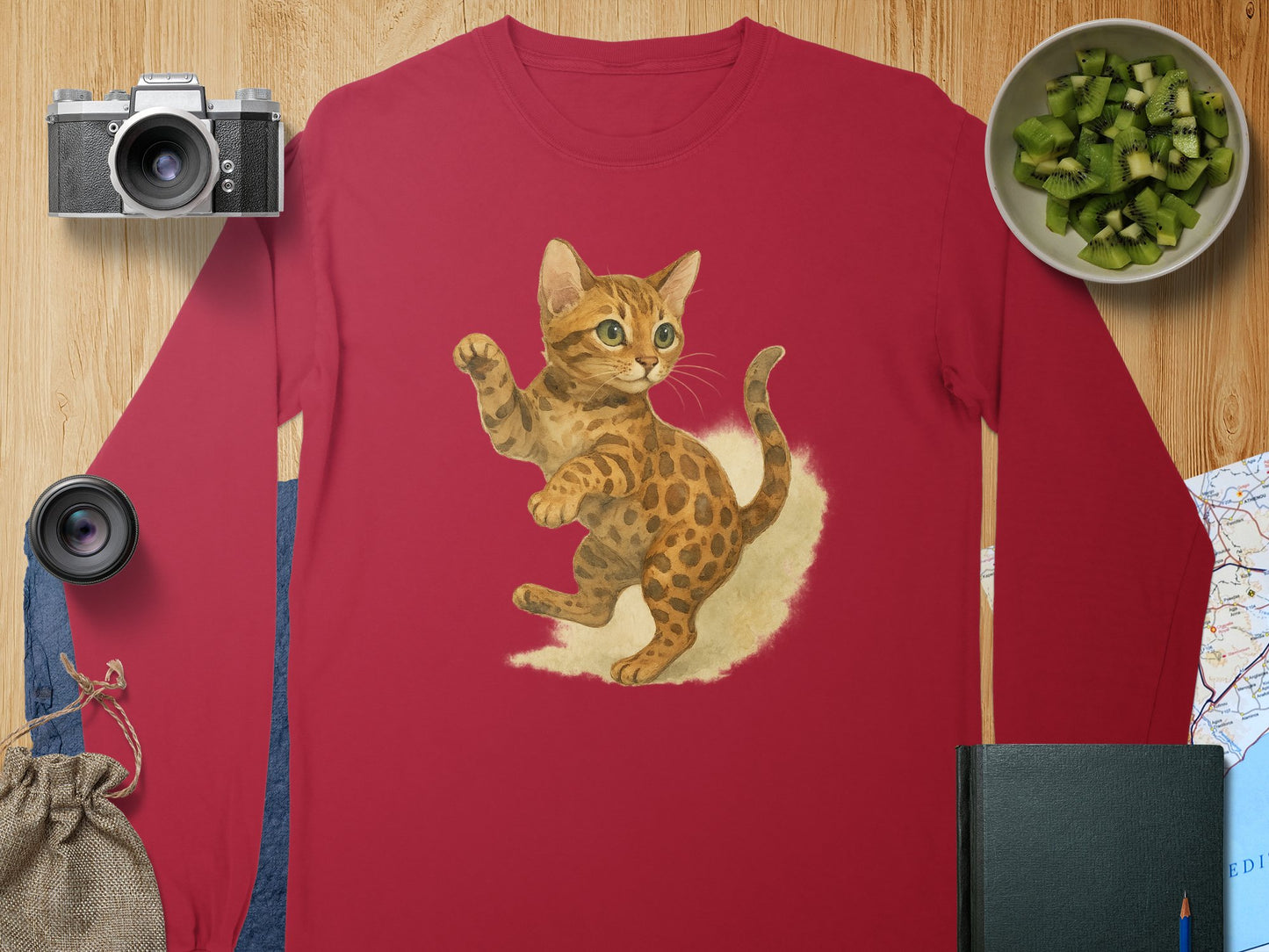 Playful Kitten Design on Red Long Sleeve Shirt product