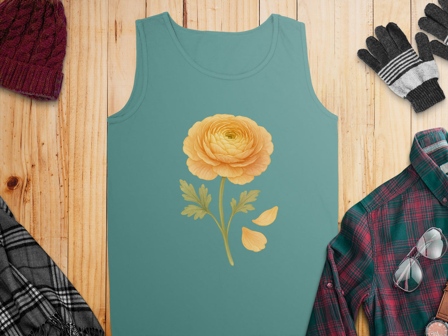 Yellow Flower Graphic on Teal Sleeveless Shirt product