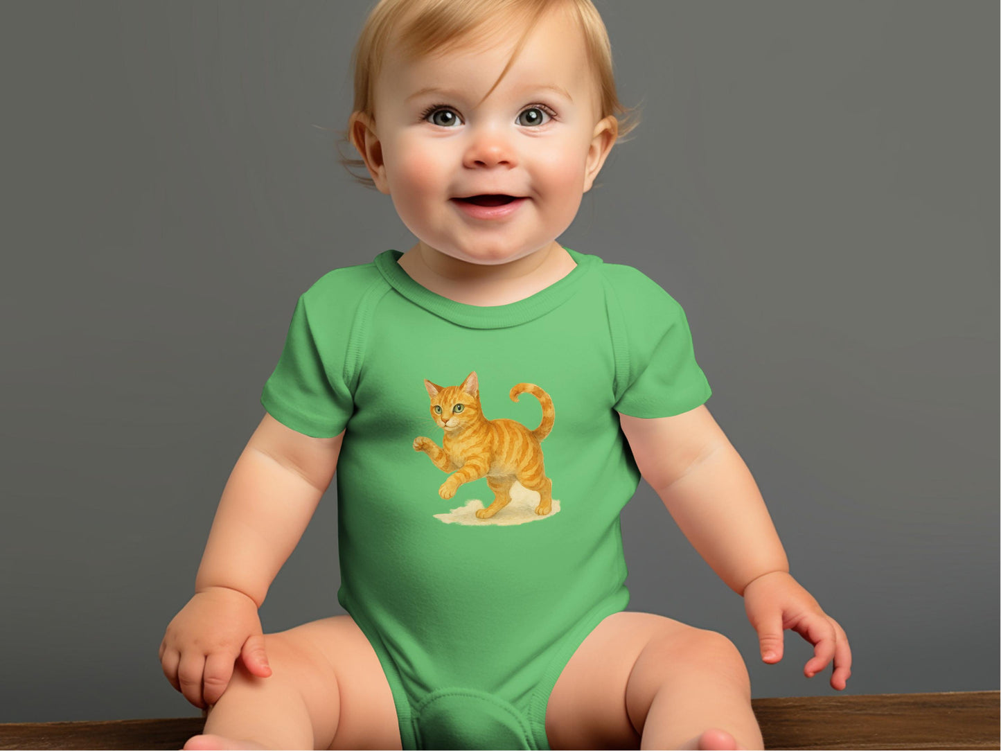Baby Bodysuit Green with Playful Orange Kitten product
