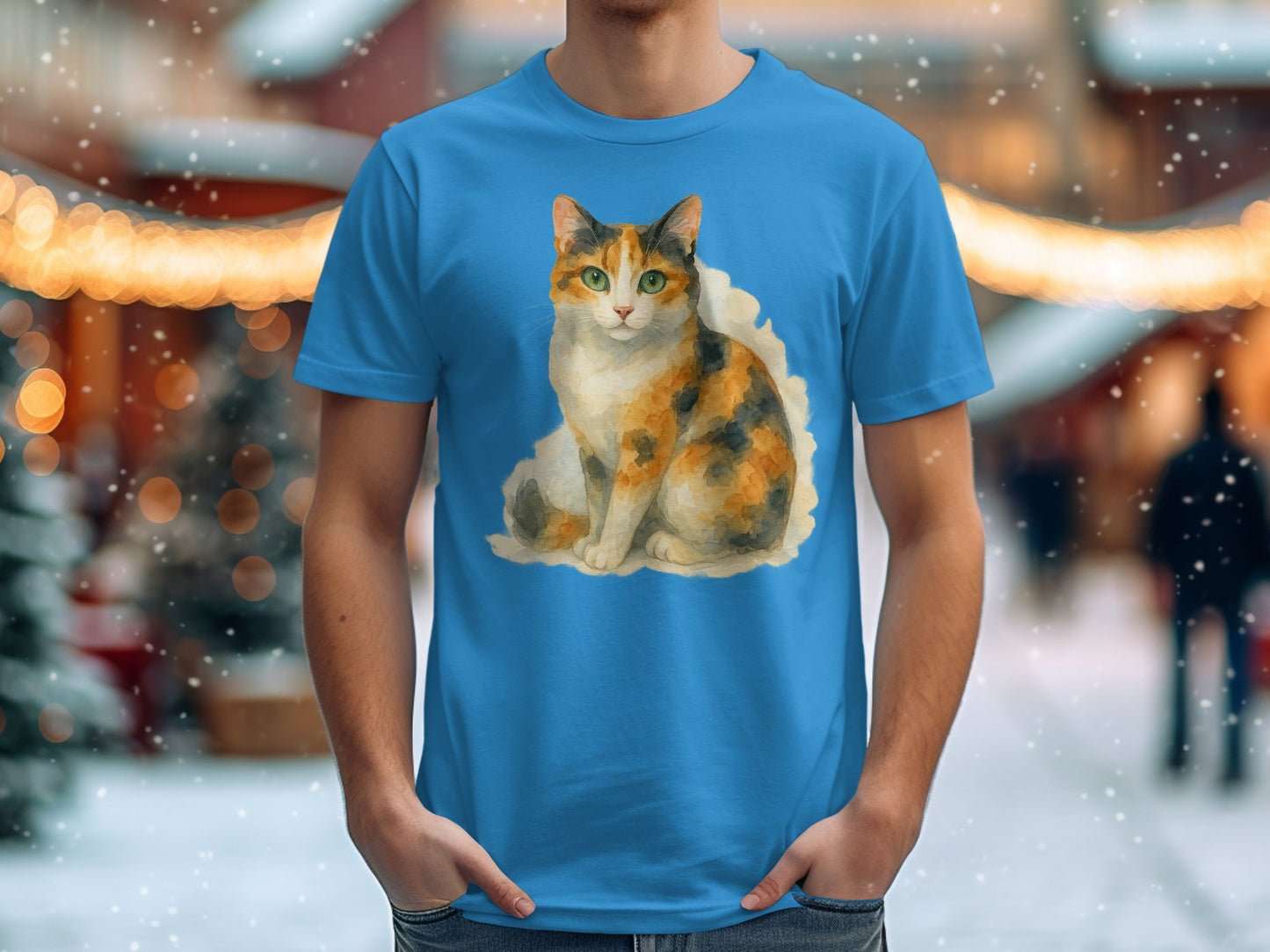 Calico Cat Print T-Shirt Design on Blue fabric product type