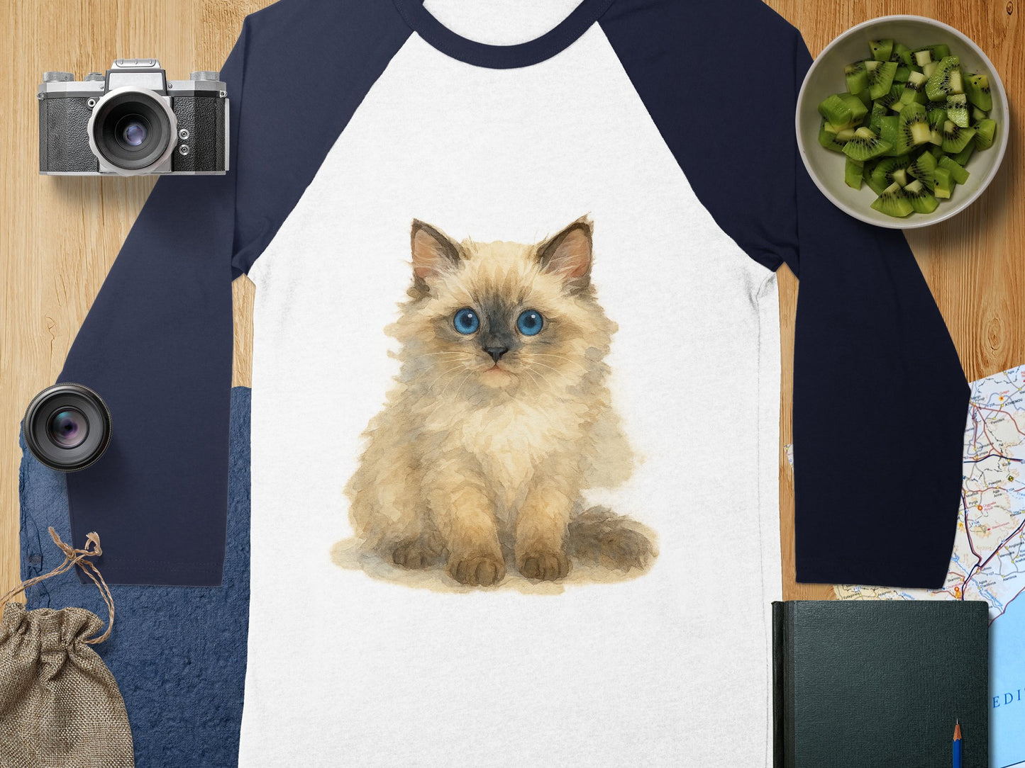 Cute Fluffy Blue-Eyed Kitten Art Print Raglan Shirt product