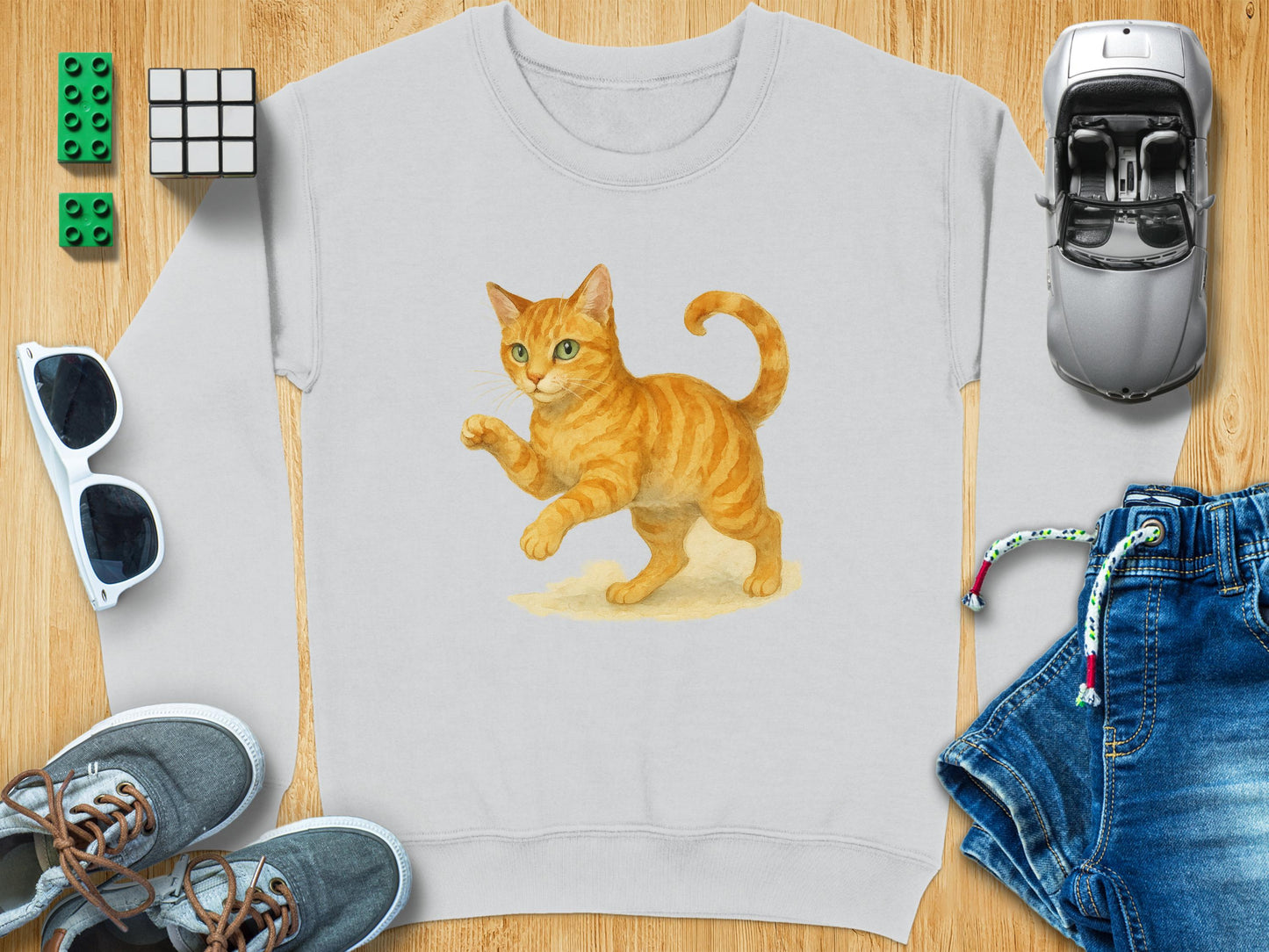 Cute Orange Tabby Cat Print on Light Grey Apparel Product