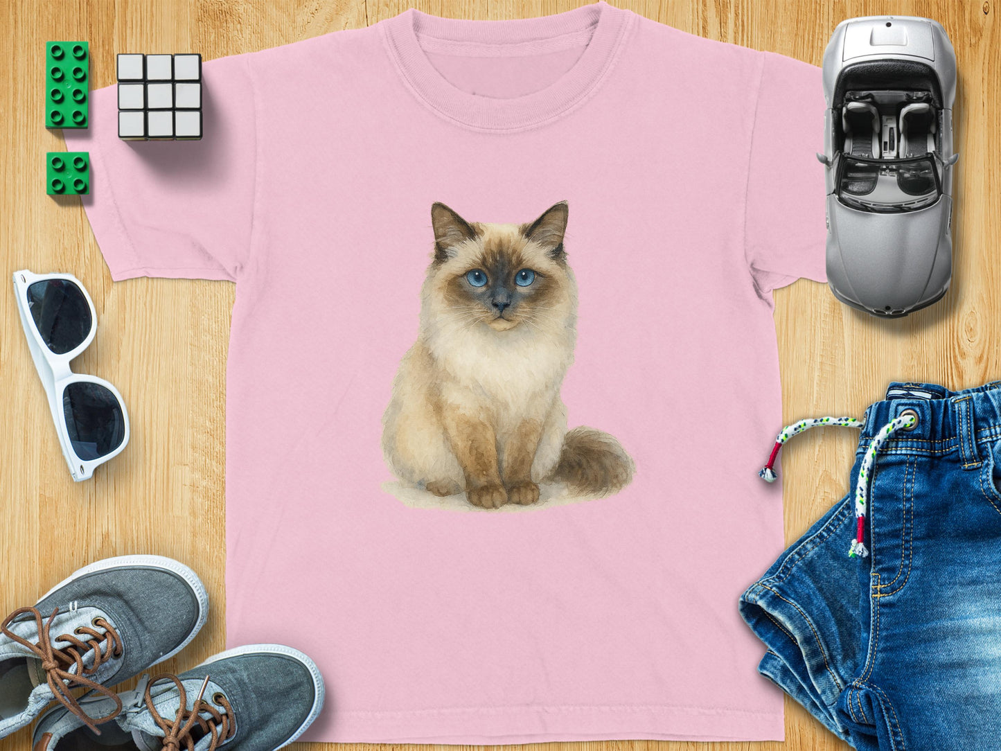 Cute Fluffy Cat Print Design on Pink Kids T-Shirt Product