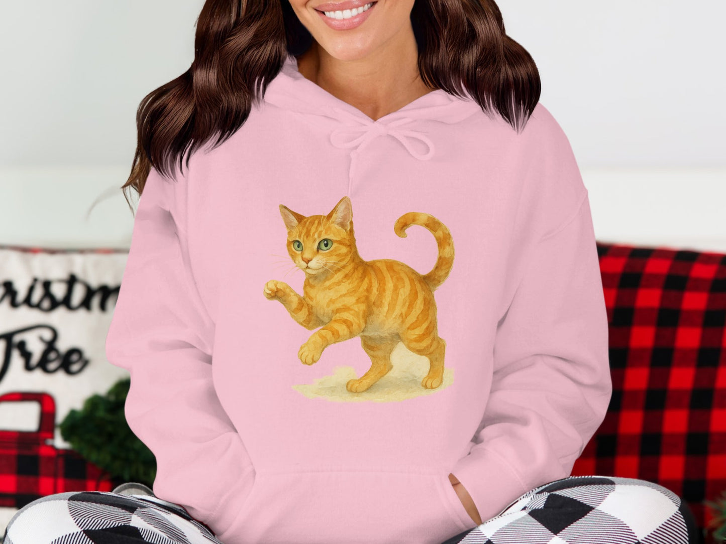 Adorable Playful Cat Print on Pink Hoodie product type