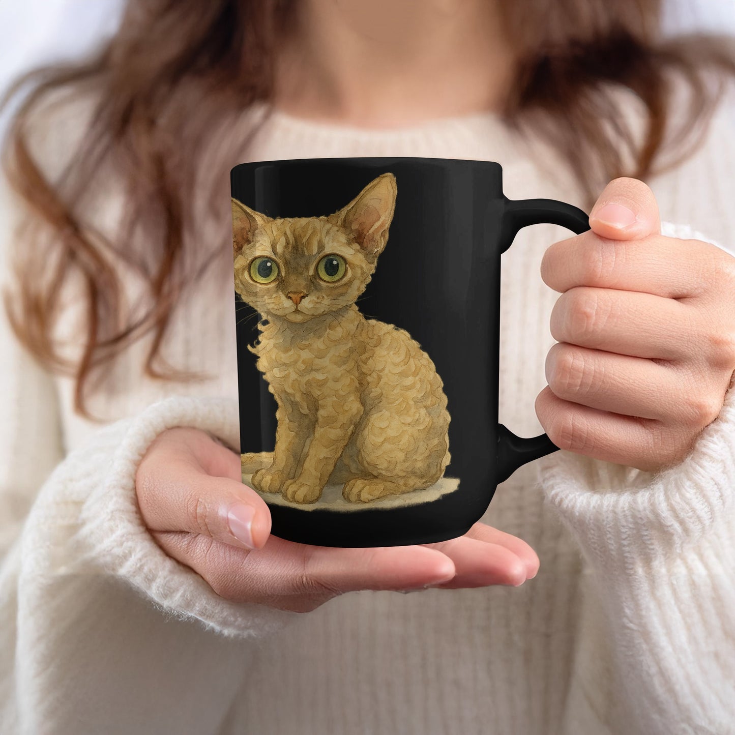 Cute Cat Illustration Printed on Black Mug product