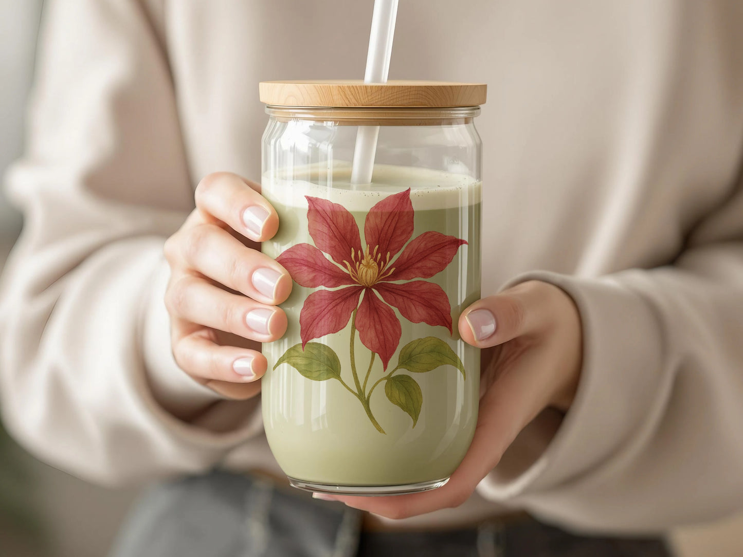 Glass Jar with Red Flower Design Elegant Drinking product