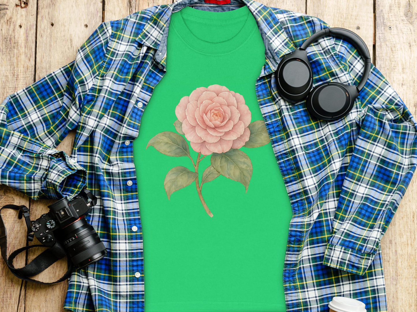 Distinctive rose graphic on green casual shirt product