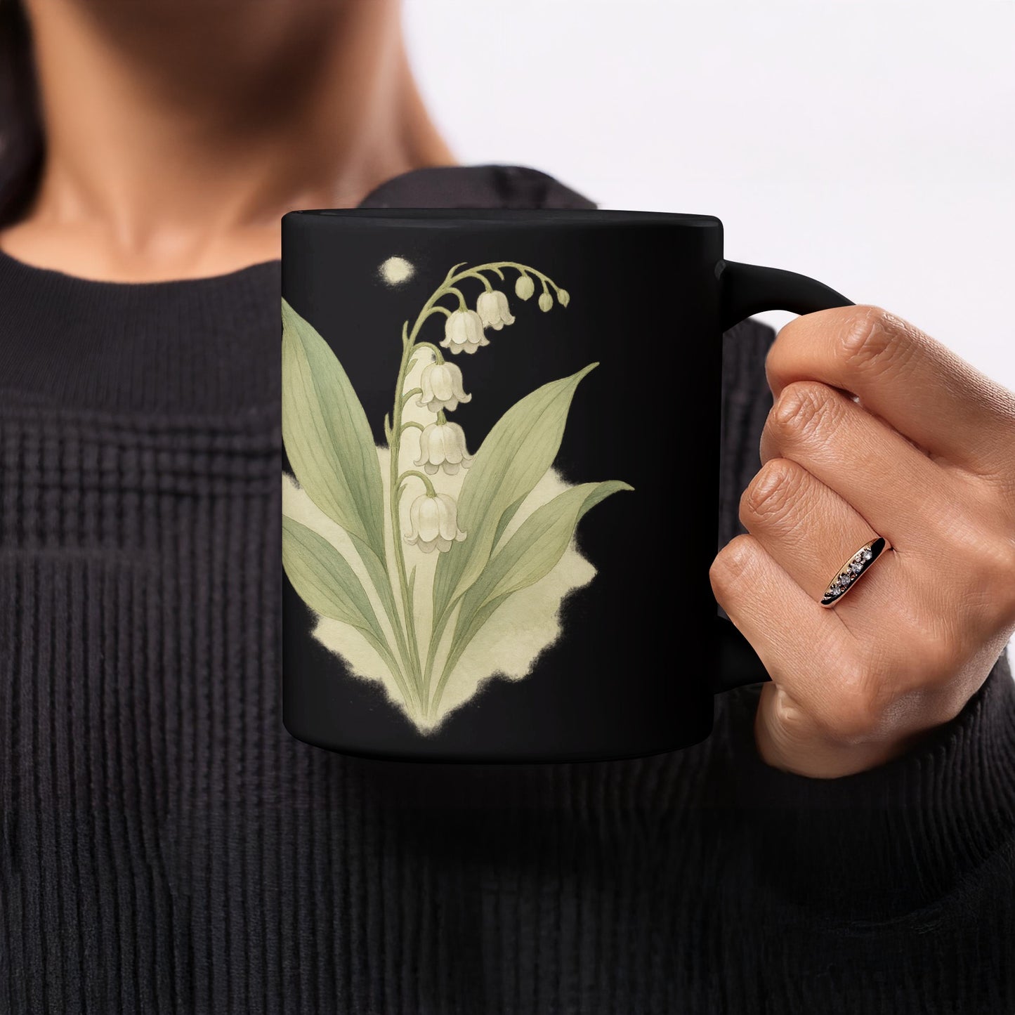 Elegant Lily of the Valley Design on Black Mug product