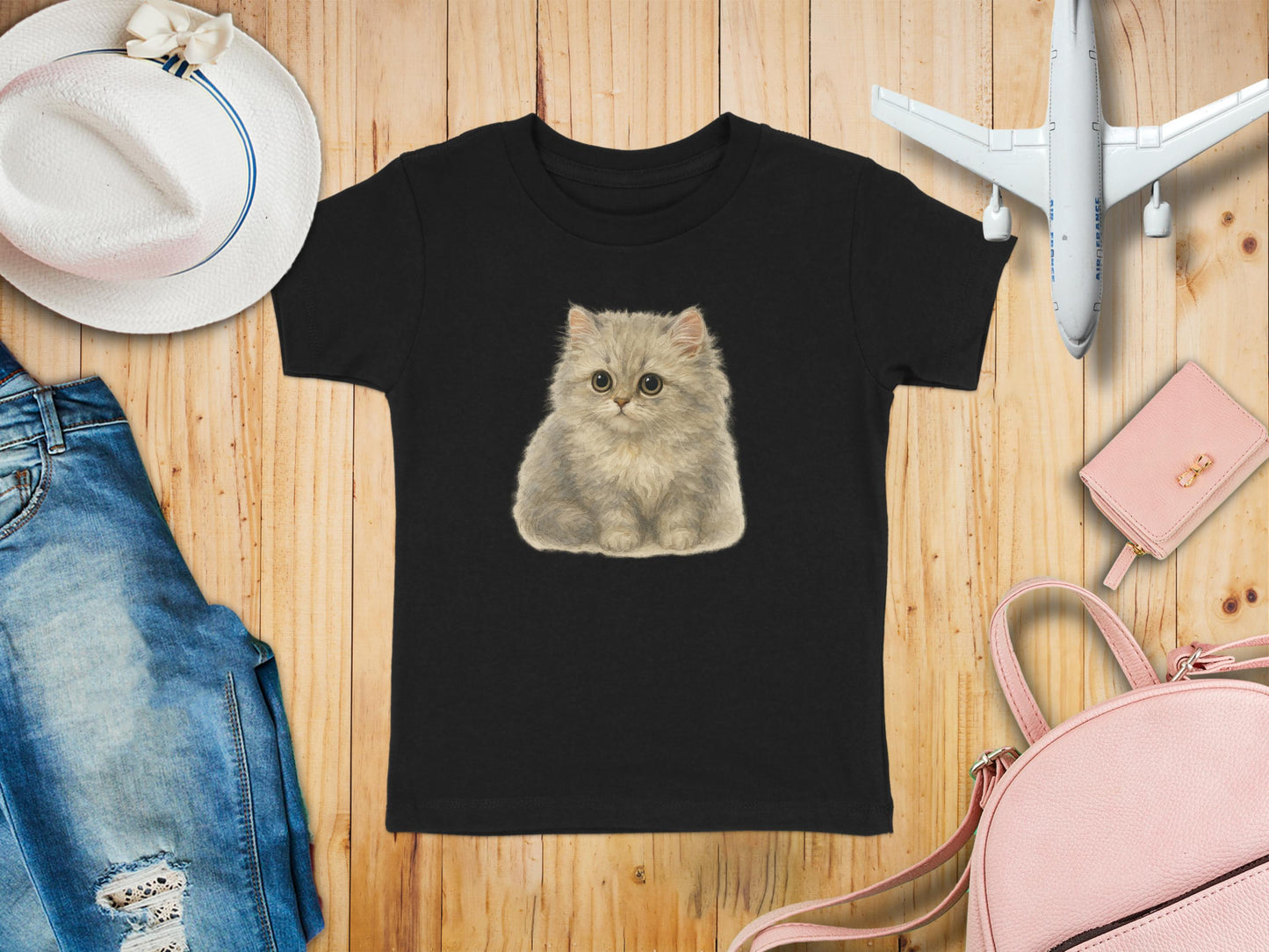 Cute Kitten Print on Black T-shirt Casual Wear product type