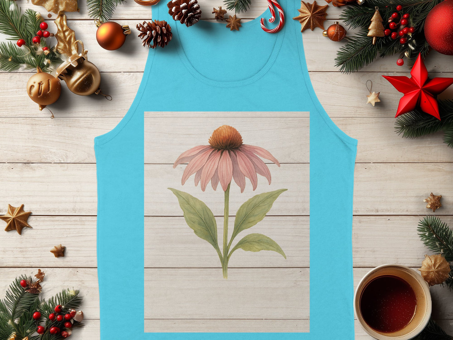 Festive Floral Design on Blue Tank Top product type