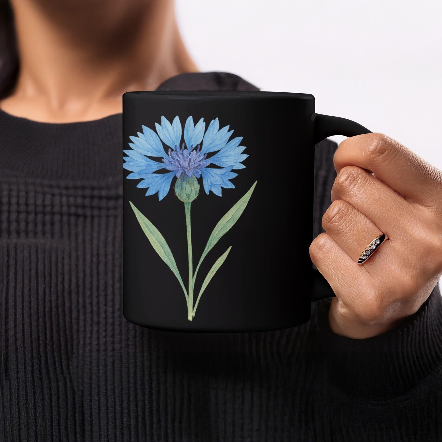 Blue Floral Design on Black Background Mug product