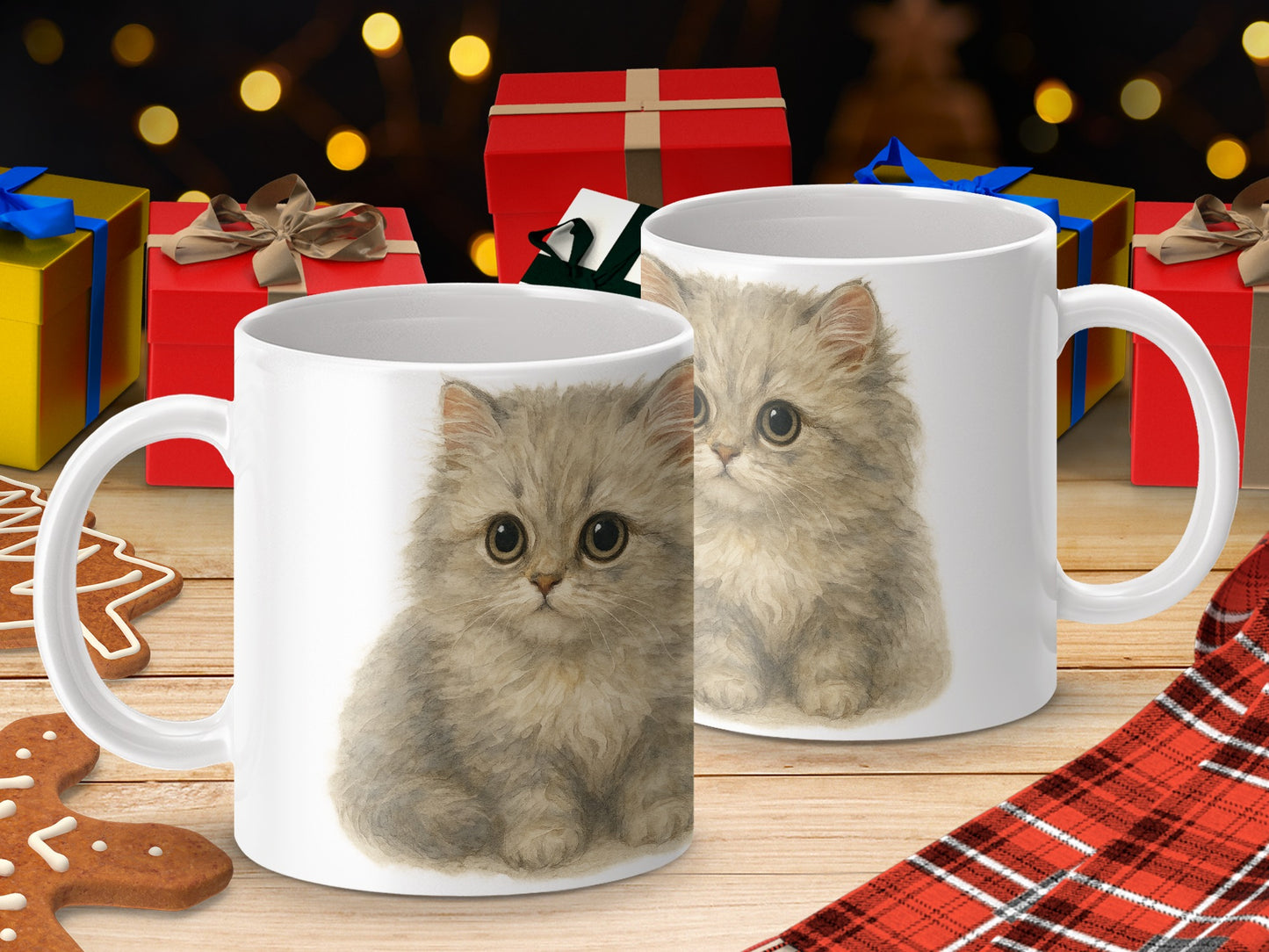 Cute Fluffy Kitten Design on White Mug Perfect Gift product type