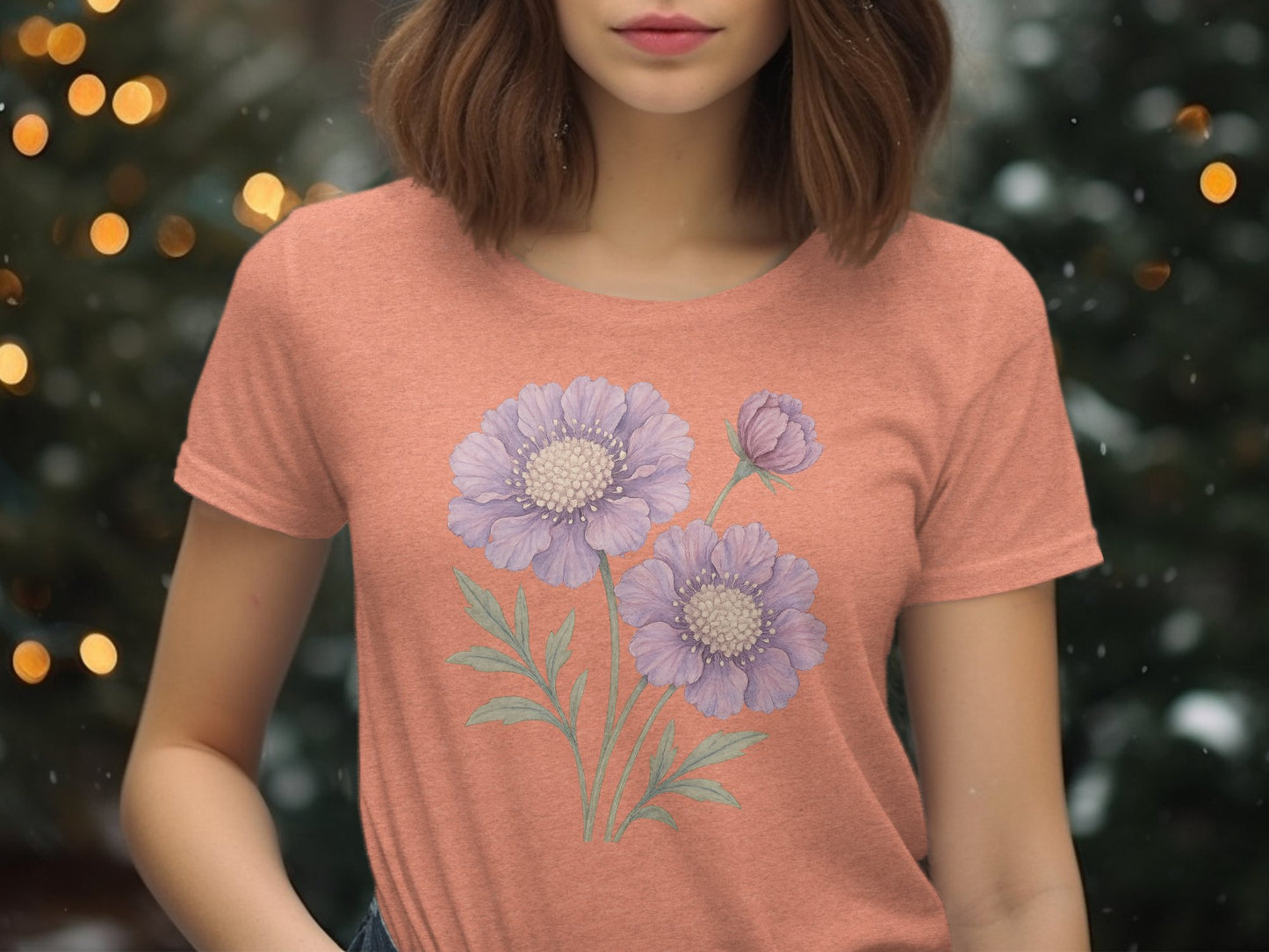 Purple Blooming Flowers Design on Peach T-Shirt product