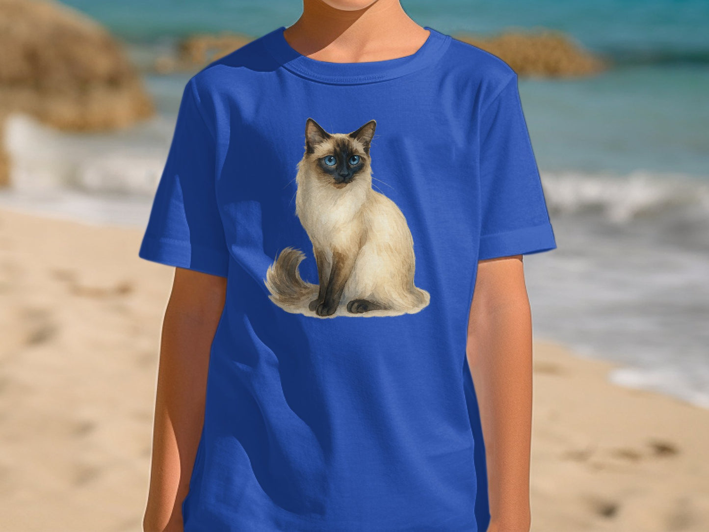 Blue T-shirt with a Cute Siamese Cat Print product type
