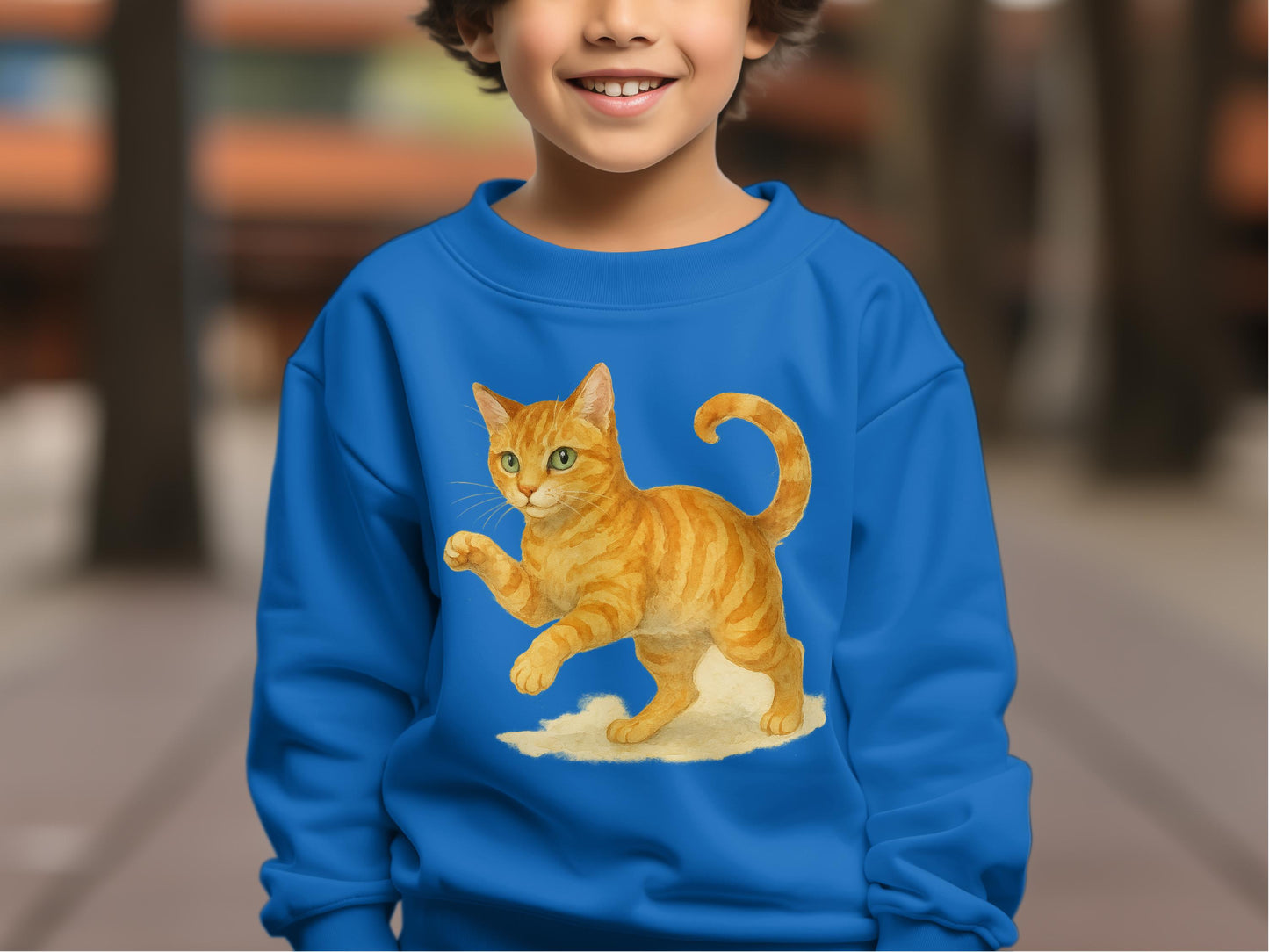 Cute Playful Orange Cat Design on Blue Shirt product