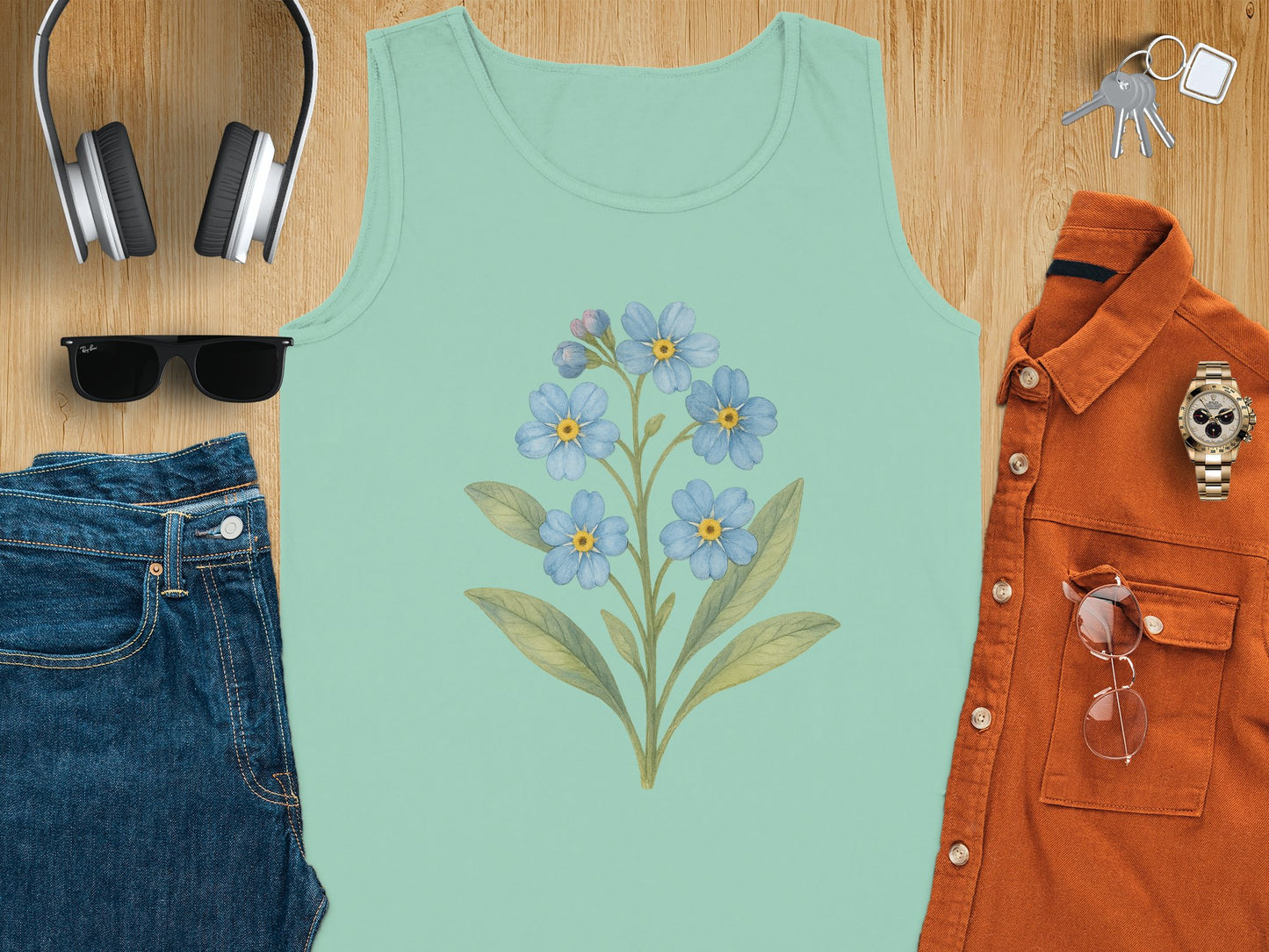 Light Green Tank Top with Blue Floral Design product