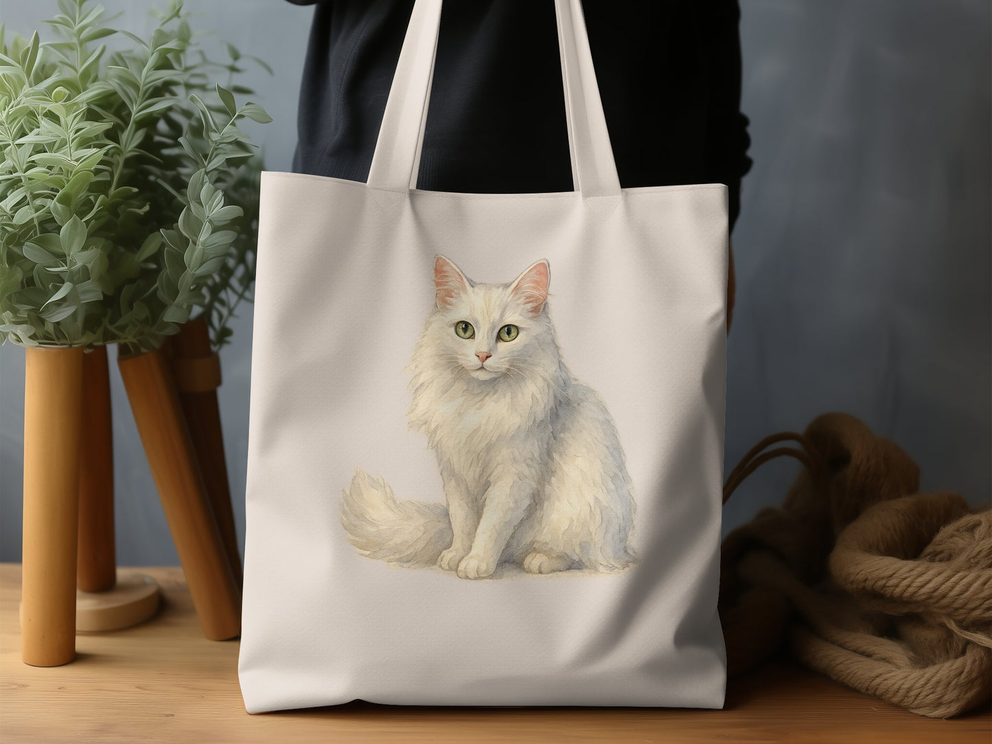 Adorable Fluffy White Cat Print Tote Bag product type