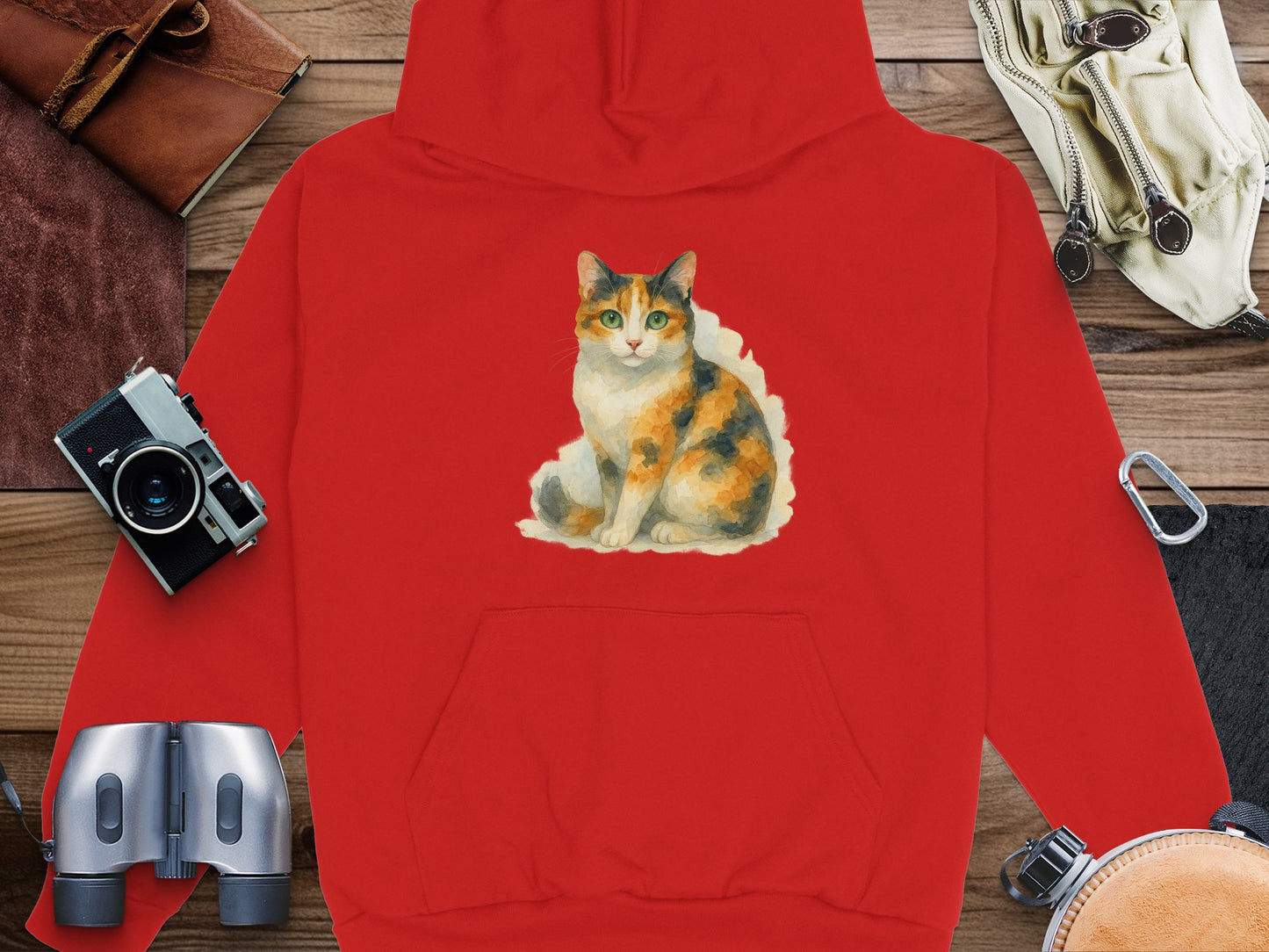 Red Hoodie with Cute Calico Cat Illustration product