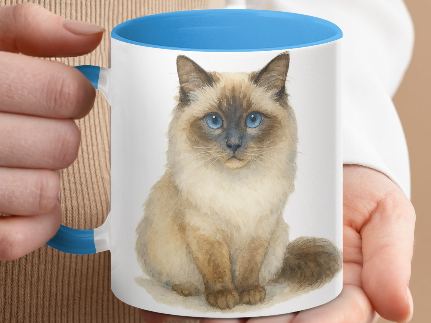 Cute Cat Illustration on White and Blue Mug product type
