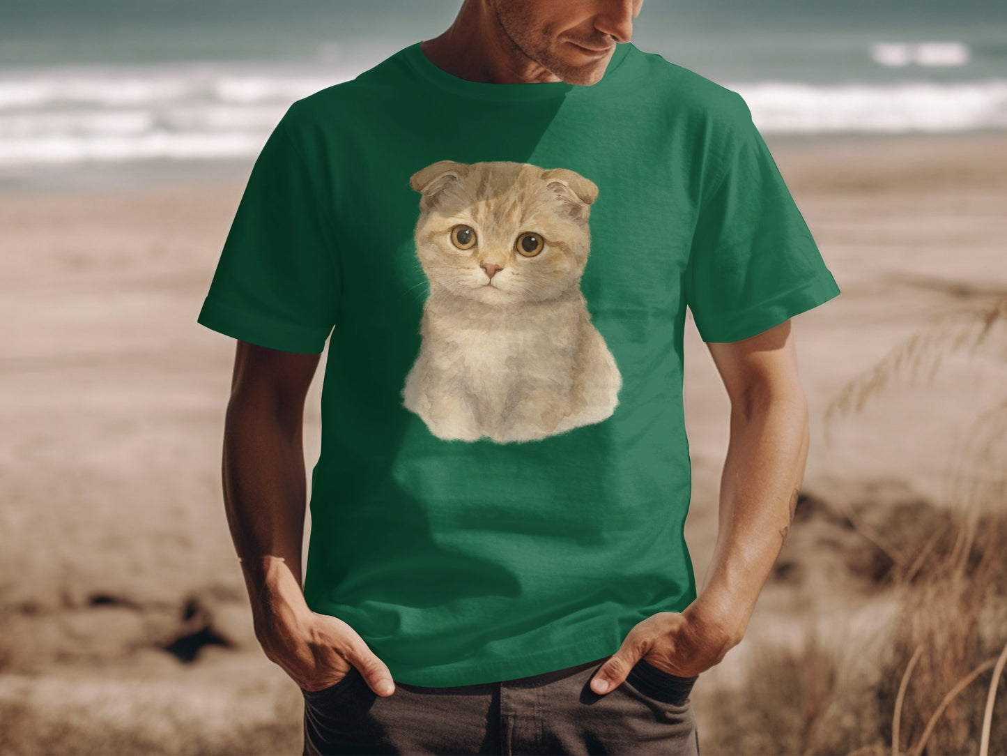 Adorable Cat Portrait Green T Shirt product type