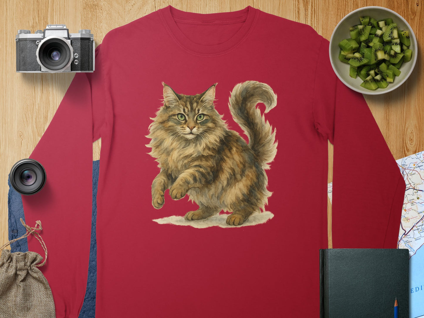 Fluffy Cat Design Long Sleeve Red Shirt product