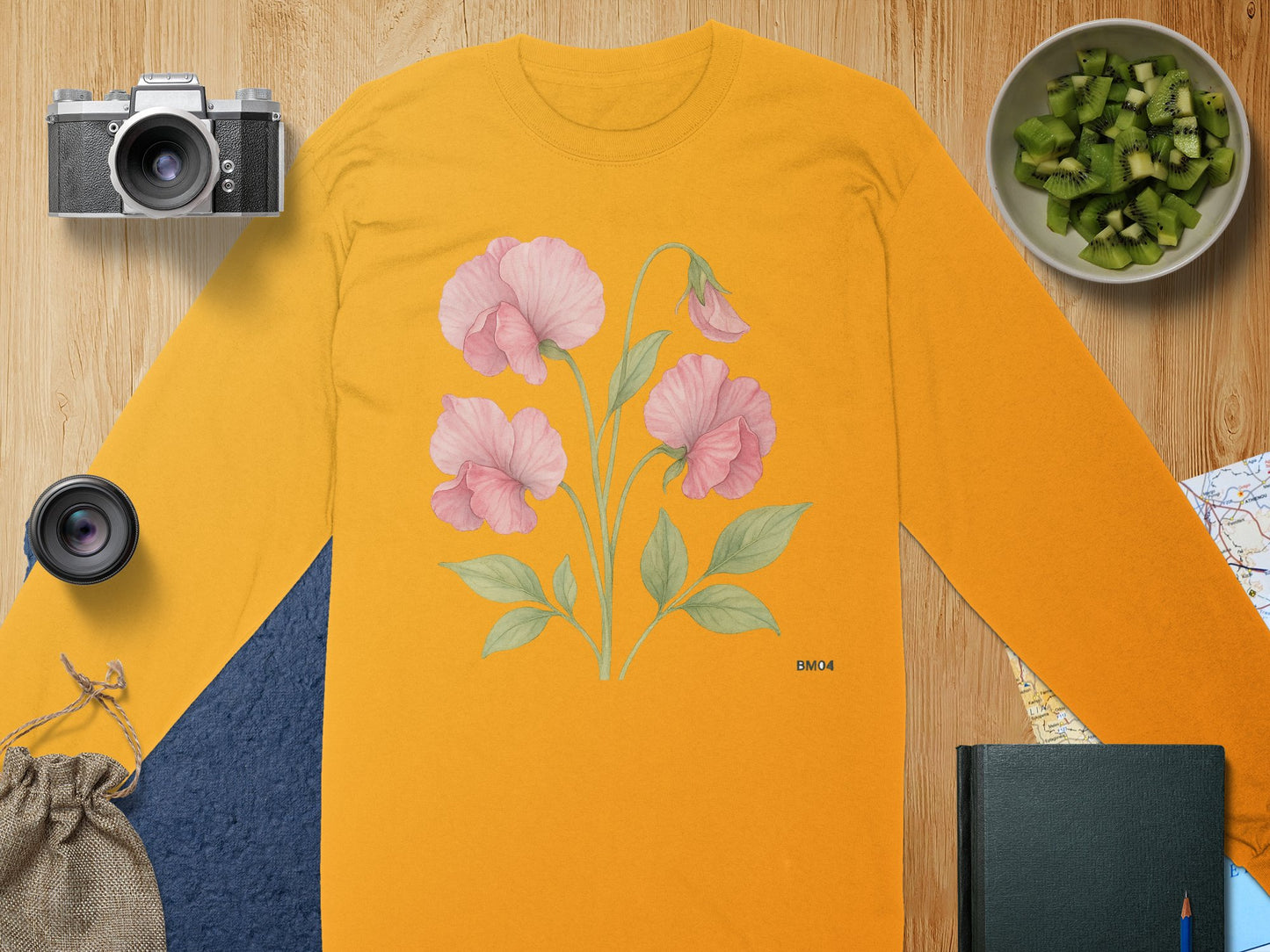 Pink Floral Design on Mustard Long Sleeve Shirt product