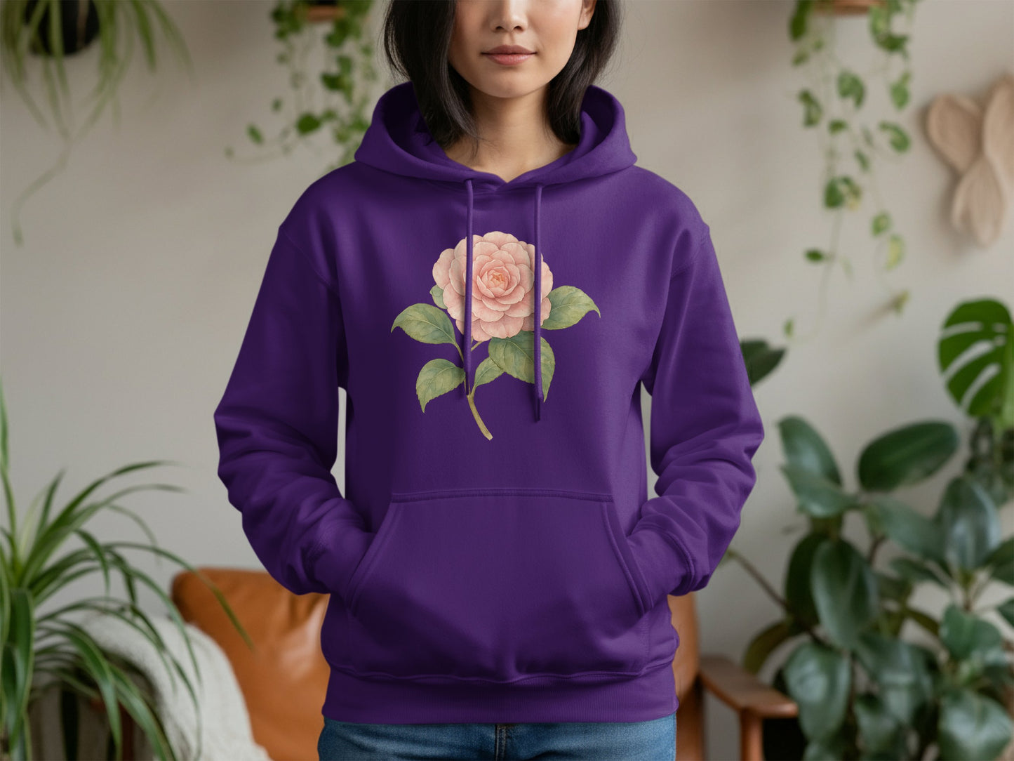Vibrant purple hoodie with elegant rose print product