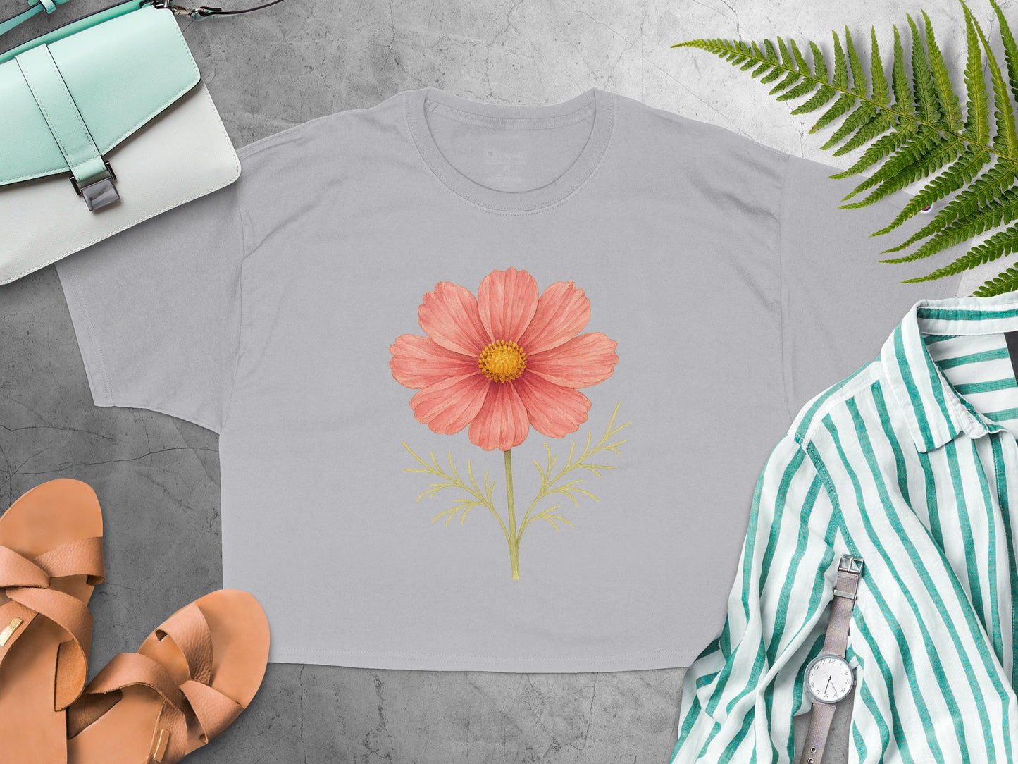 Pink Flower Illustration on Light Grey T-shirt product