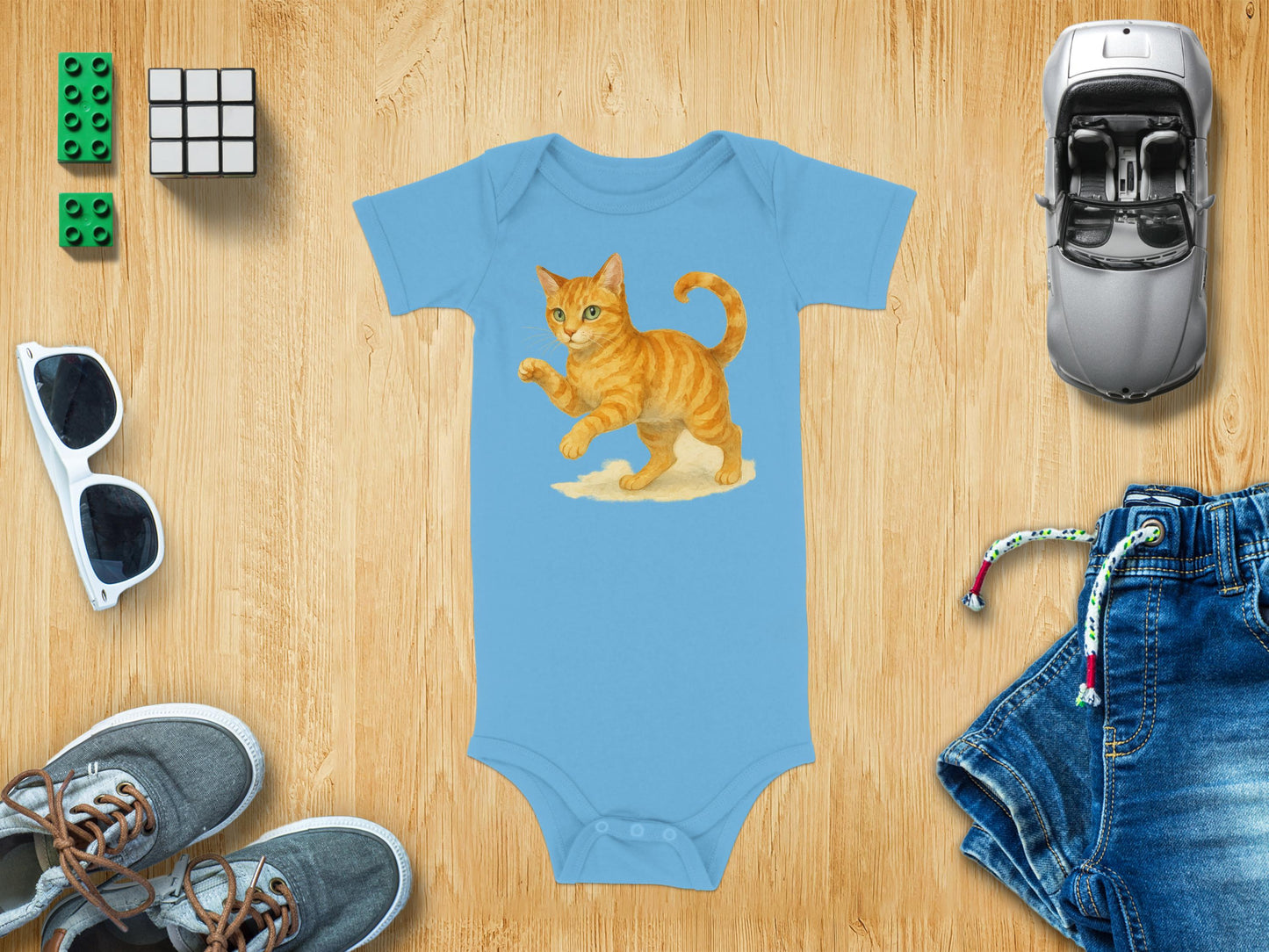 Playful Orange Kitten Graphic Blue Baby Bodysuit product type