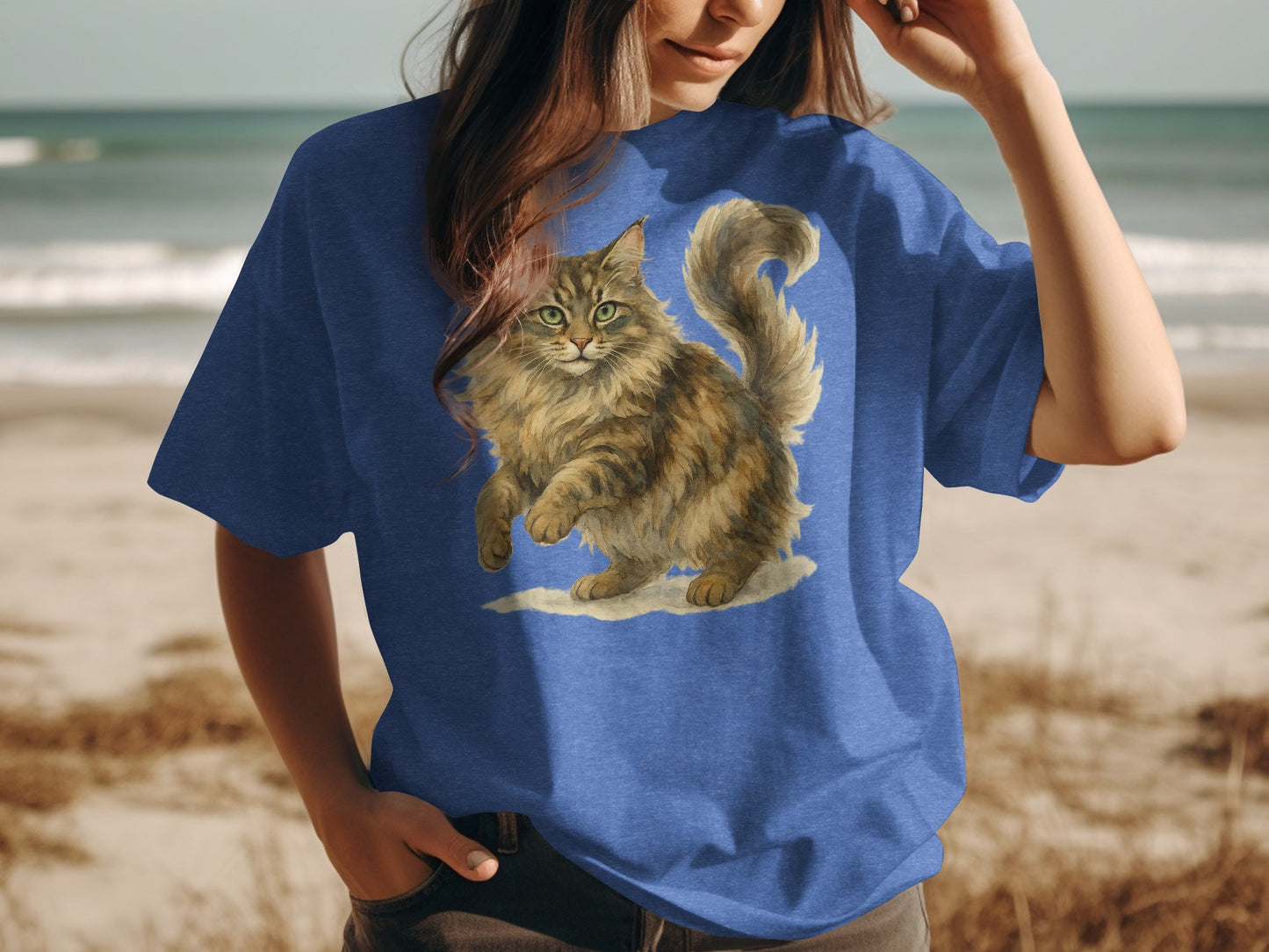Adorable Fluffy Cat Print Blue Casual Wear T-shirt product type
