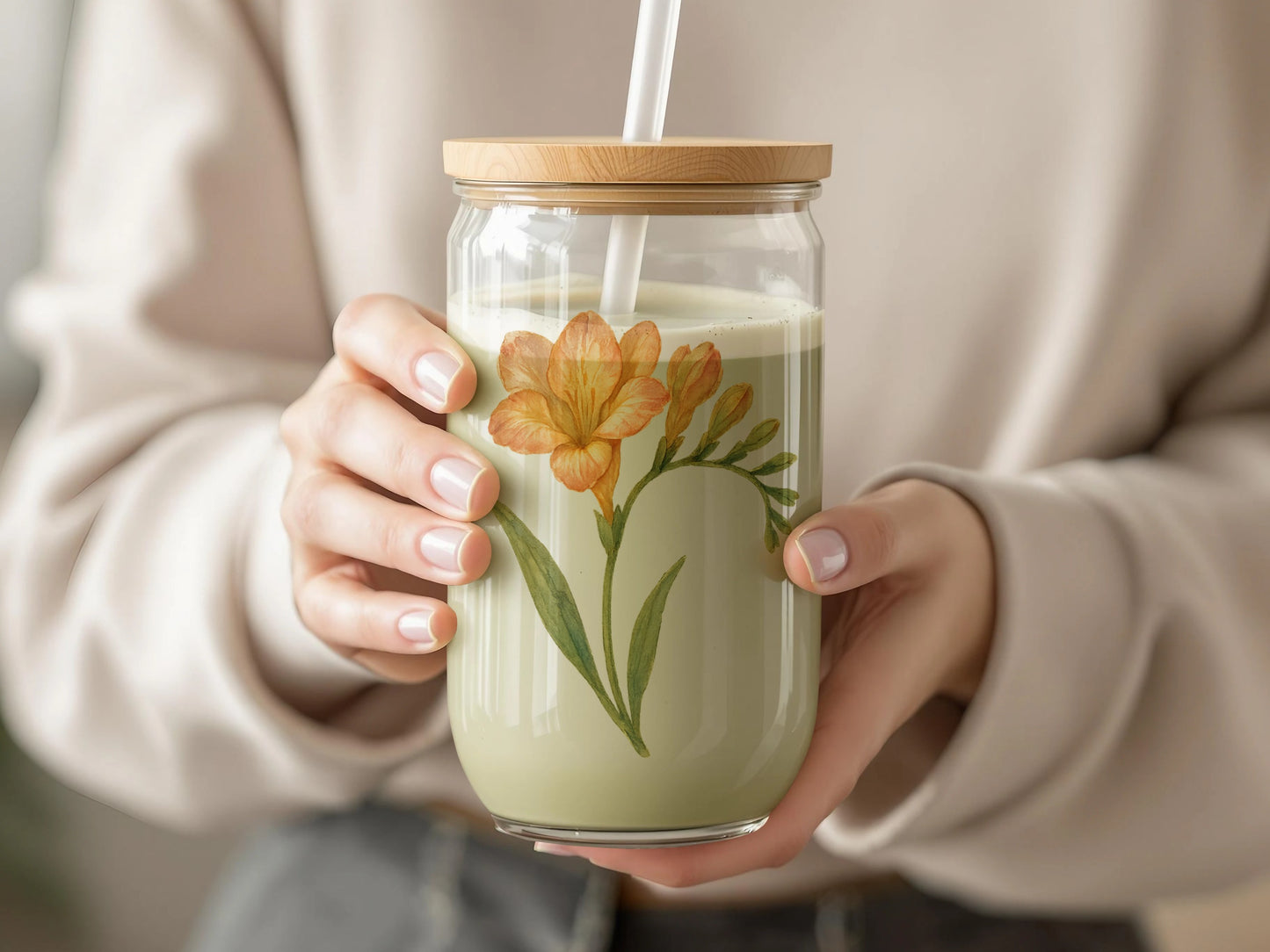 Floral Patterned Glass with Bamboo Lid product