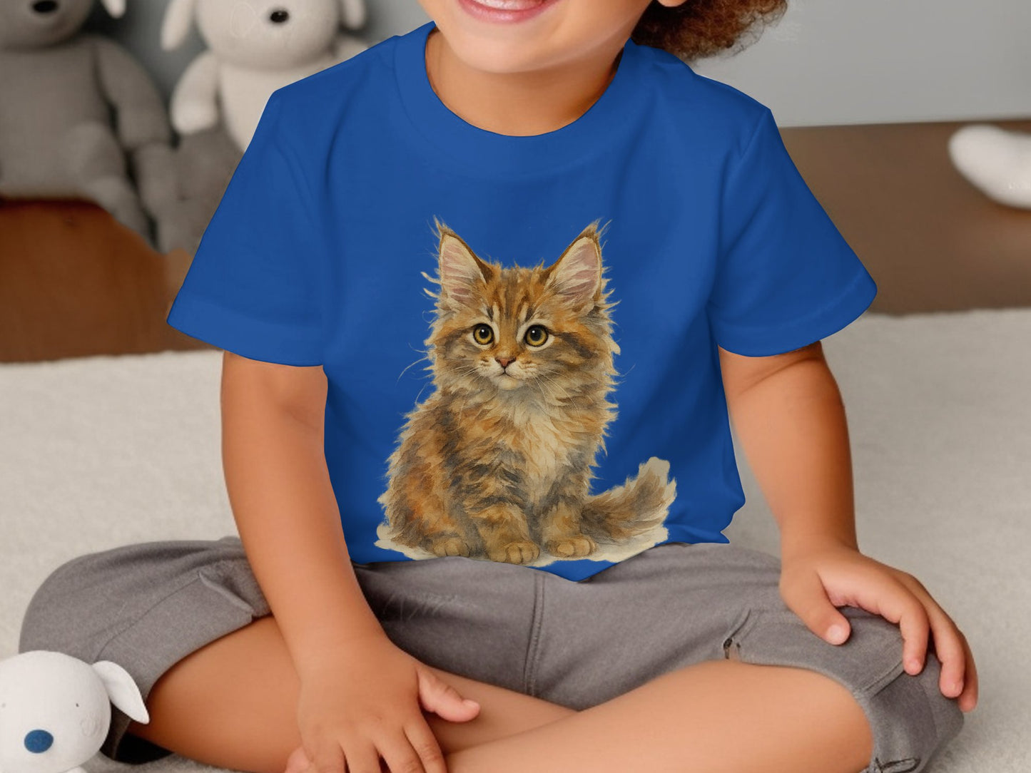 Adorable Furry Kitten Print on Blue Kids T-Shirt product type