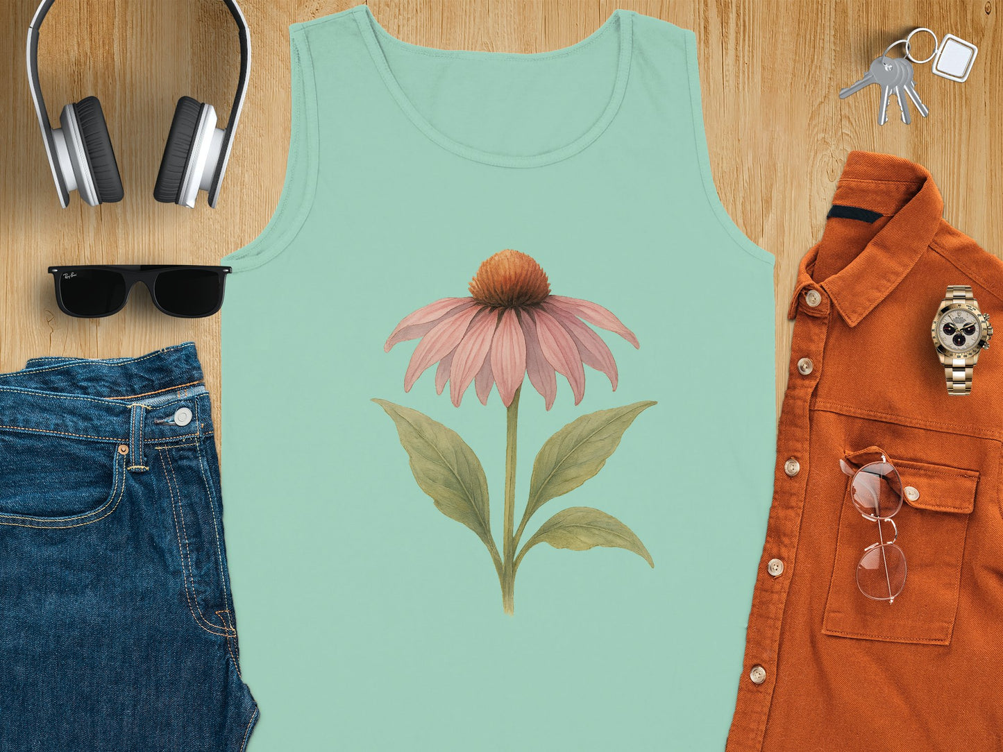 Floral Echinacea Print Pastel Green Tank Top product type