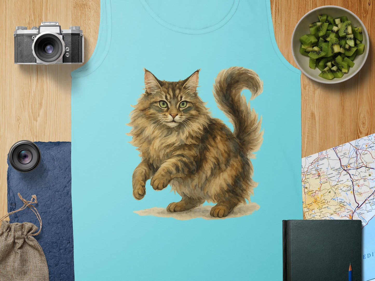 Realistic Fluffy Cat Print on Blue Tank Top product type