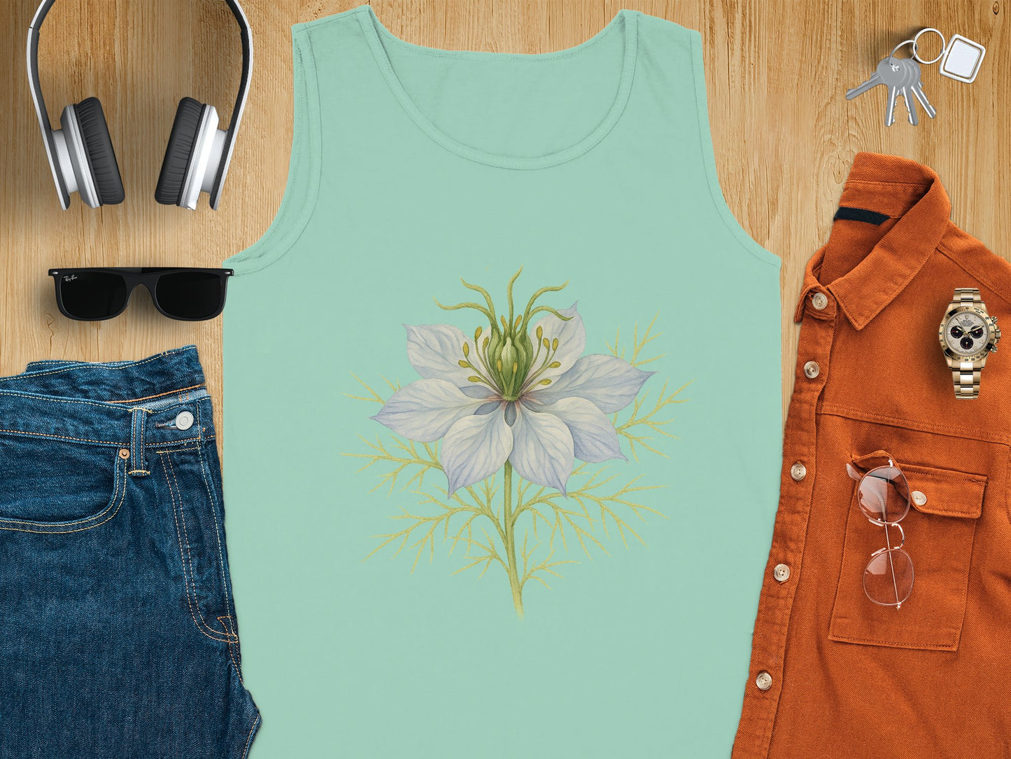 White Flower Design on Mint Green Tank Top product type
