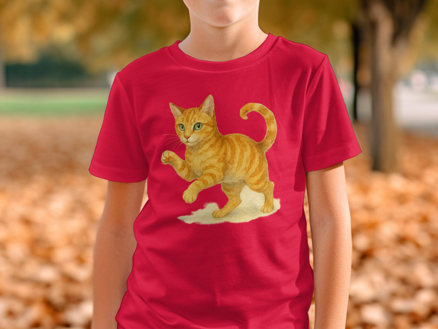 Vibrant Red Shirt with Orange Cat Design T-shirt product type