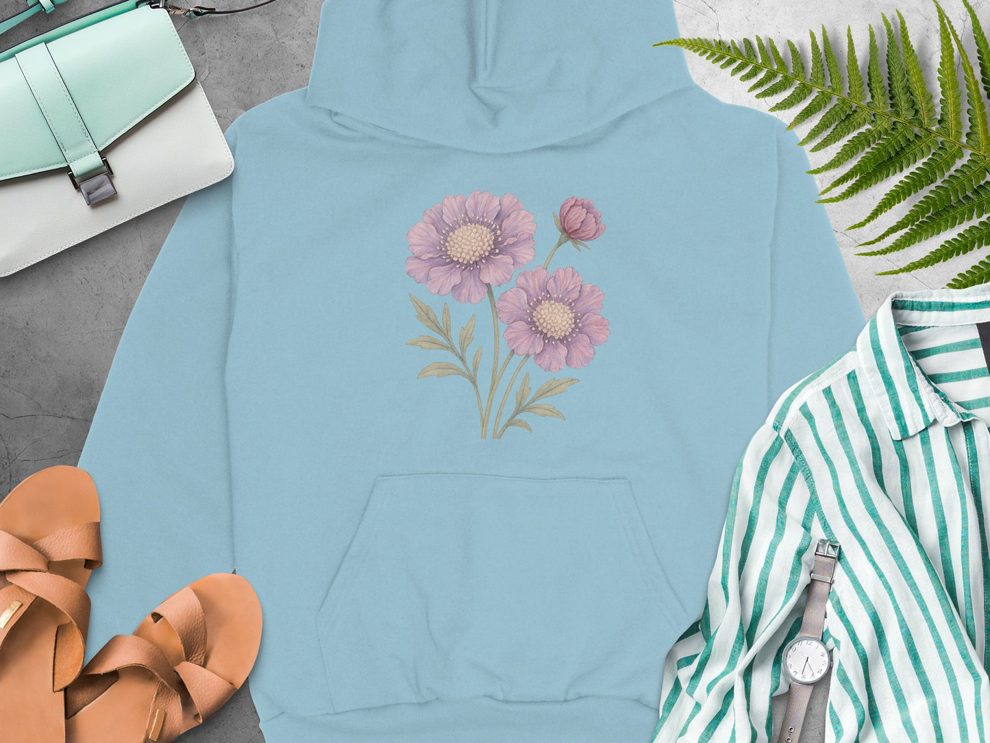 Pastel Blue Hoodie with Pink Floral Design product type