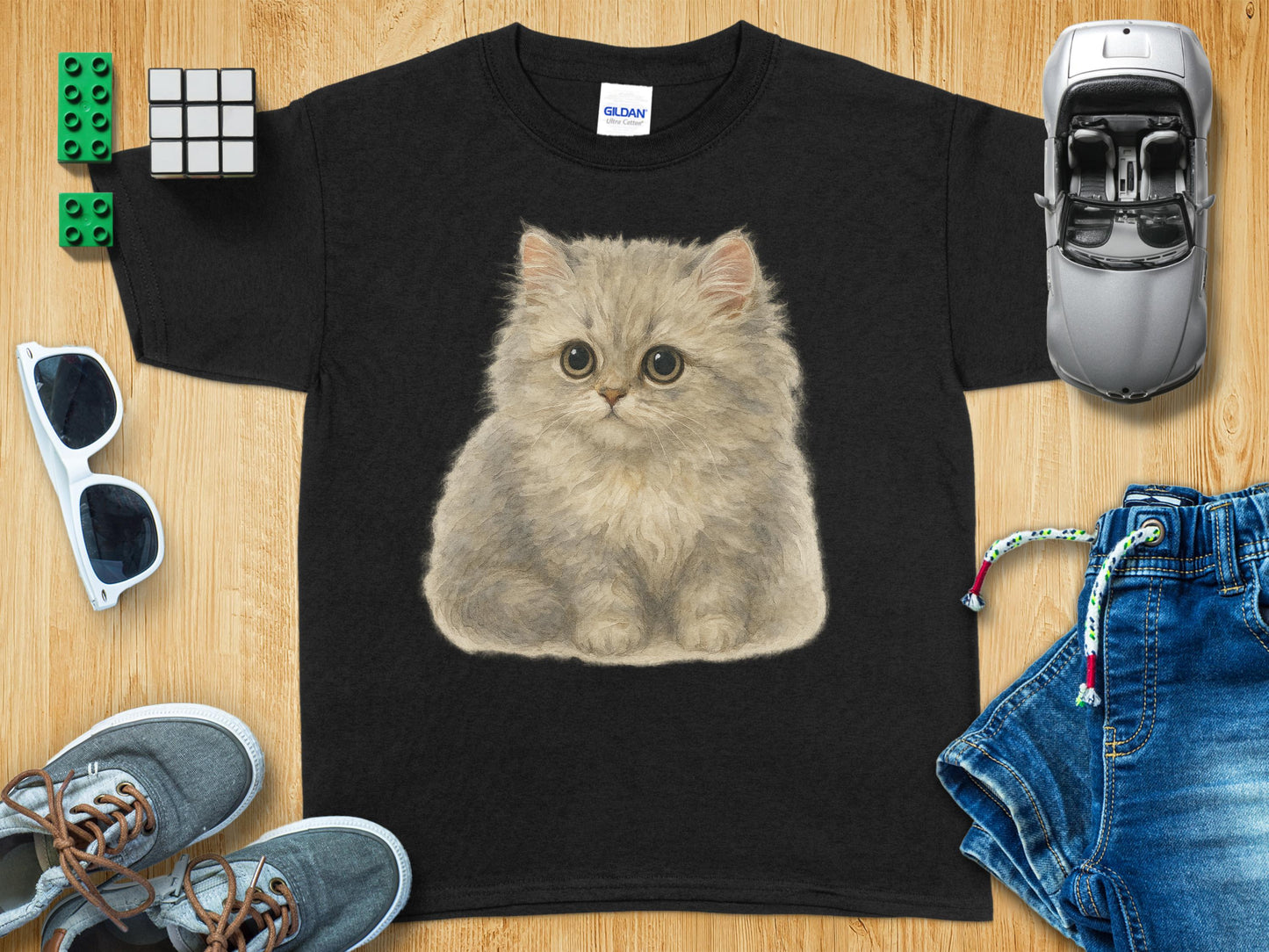 Adorable Fluffy Kitten Print Black Youth T-Shirt product type