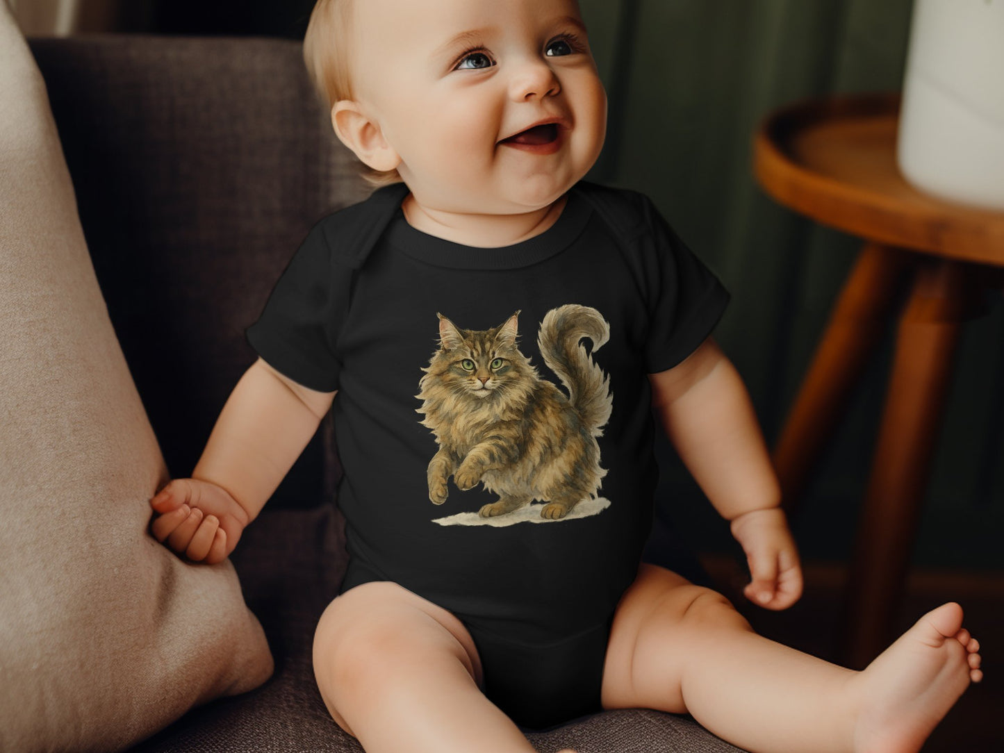 Adorable Smiling Baby Featuring Fluffy Cat Onesie Product