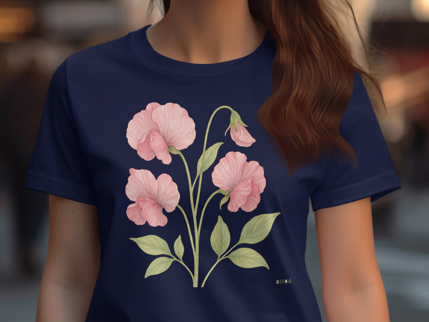 Pink Floral Art Design on Navy Blue T-shirt product type