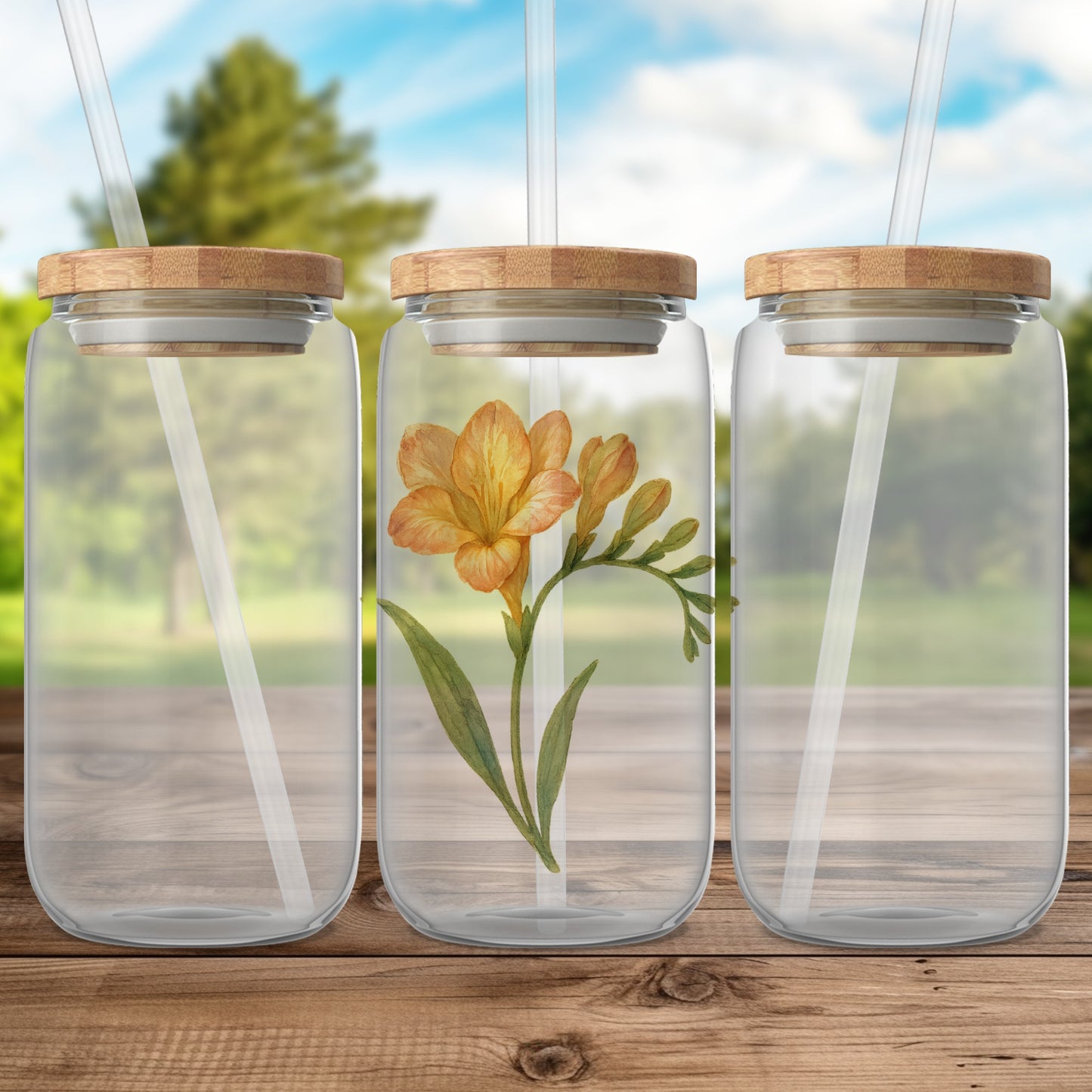 Floral Design Glass Jars with Wooden Lids product