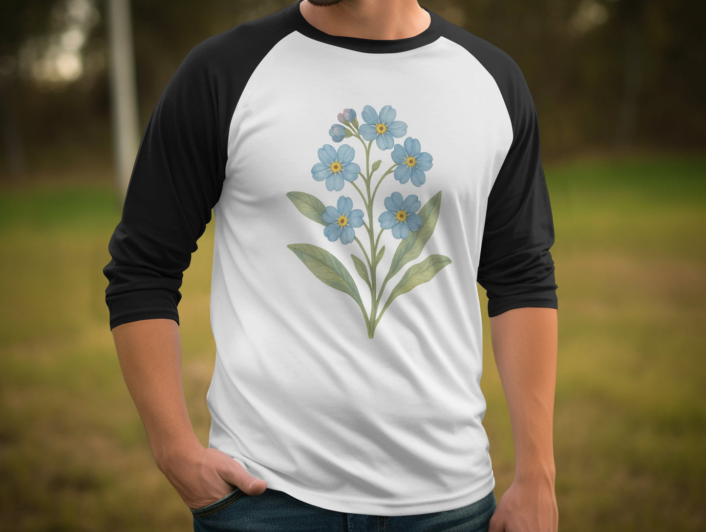 Blue Flower Design on Black and White Sleeve Shirt product