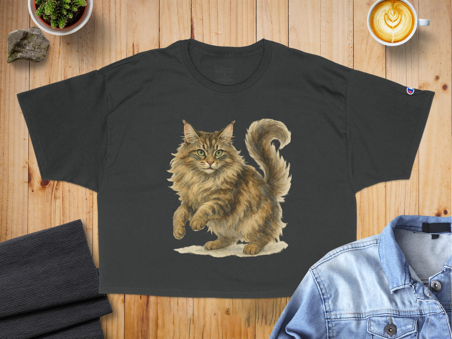 Majestic Fluffy Cat Print on Black T-Shirt product