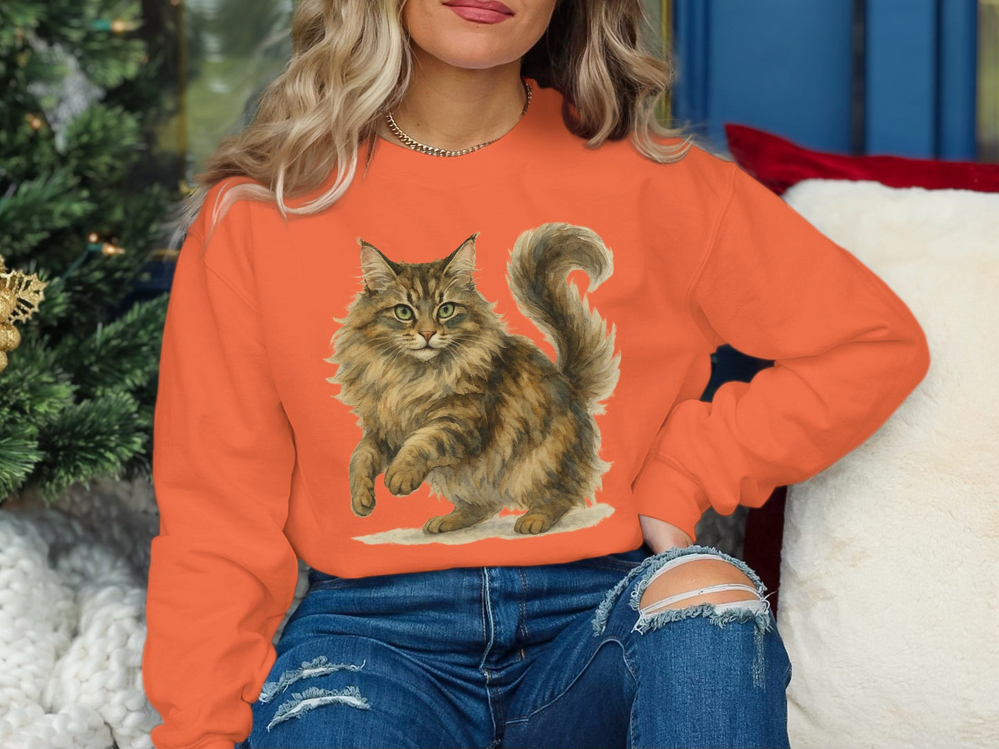 Orange Sweatshirt Featuring Playful Cat Graphic product type