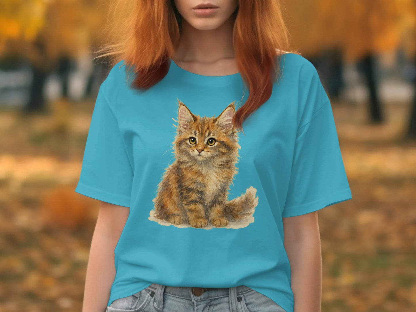 Adorable Cat Print Design on Casual Blue T-Shirt product type