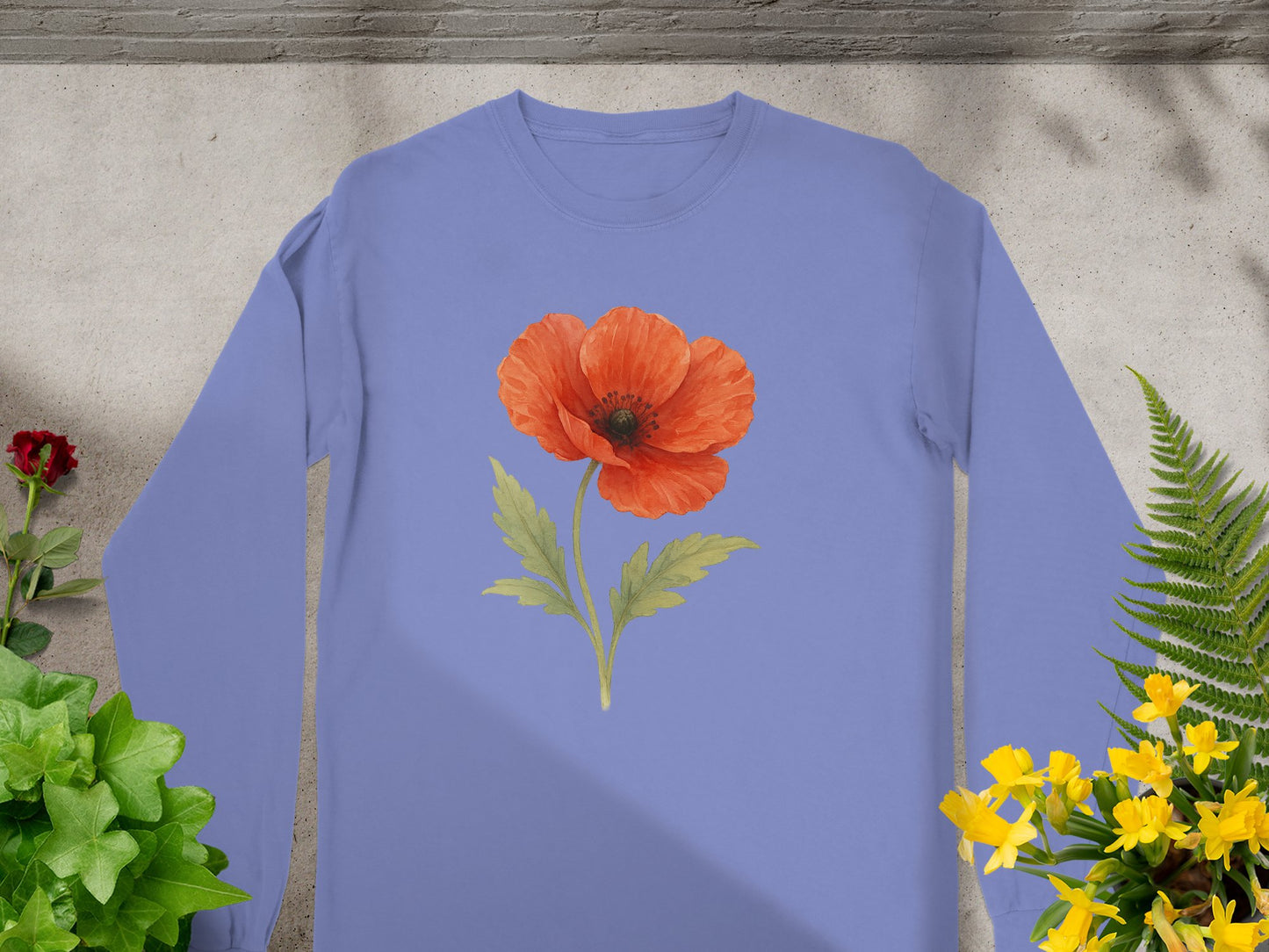 Red Poppy Flower Design on Blue Long Sleeve Shirt product