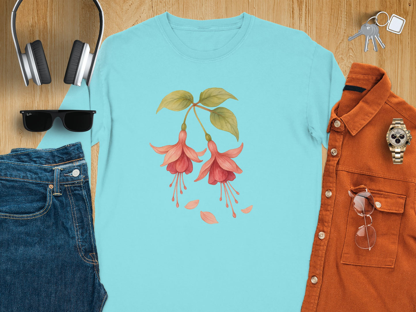 Elegant Floral Design on Light Blue Shirt product type