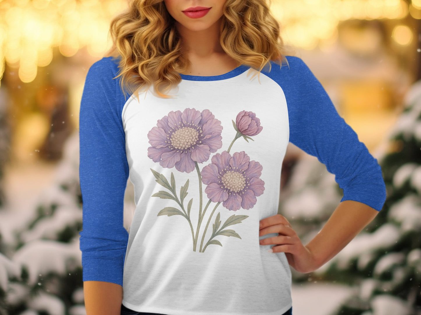 Purple Floral Design on White Raglan Sleeve Shirt product