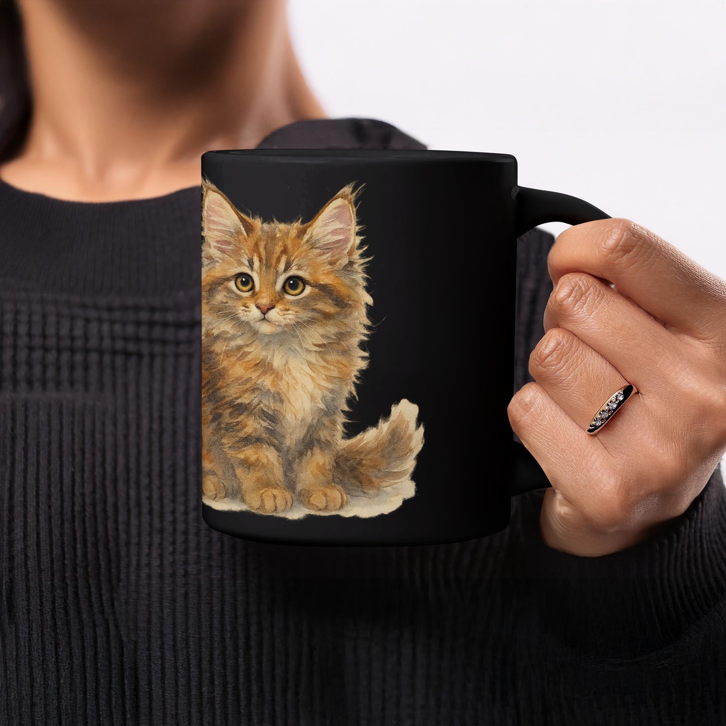 Adorable Fluffy Kitten Design on Black Mug product