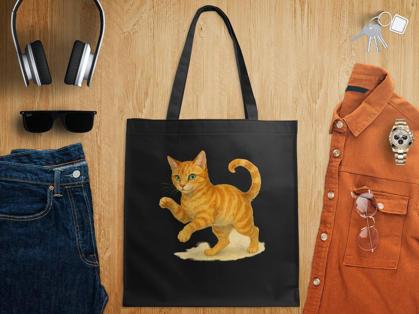 Orange Cat on Black Tote Bag with Handles product